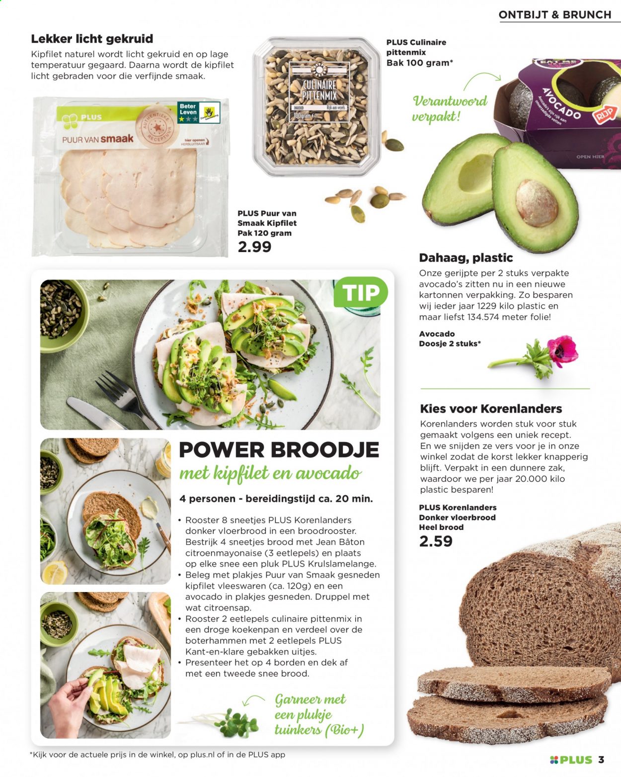 thumbnail - Plus-aanbieding -  producten in de aanbieding - vloerbrood, brood, avocado, kipfilet, boterhammen, gebakken uitjes, Tuinkers, citroensap. Pagina 3.