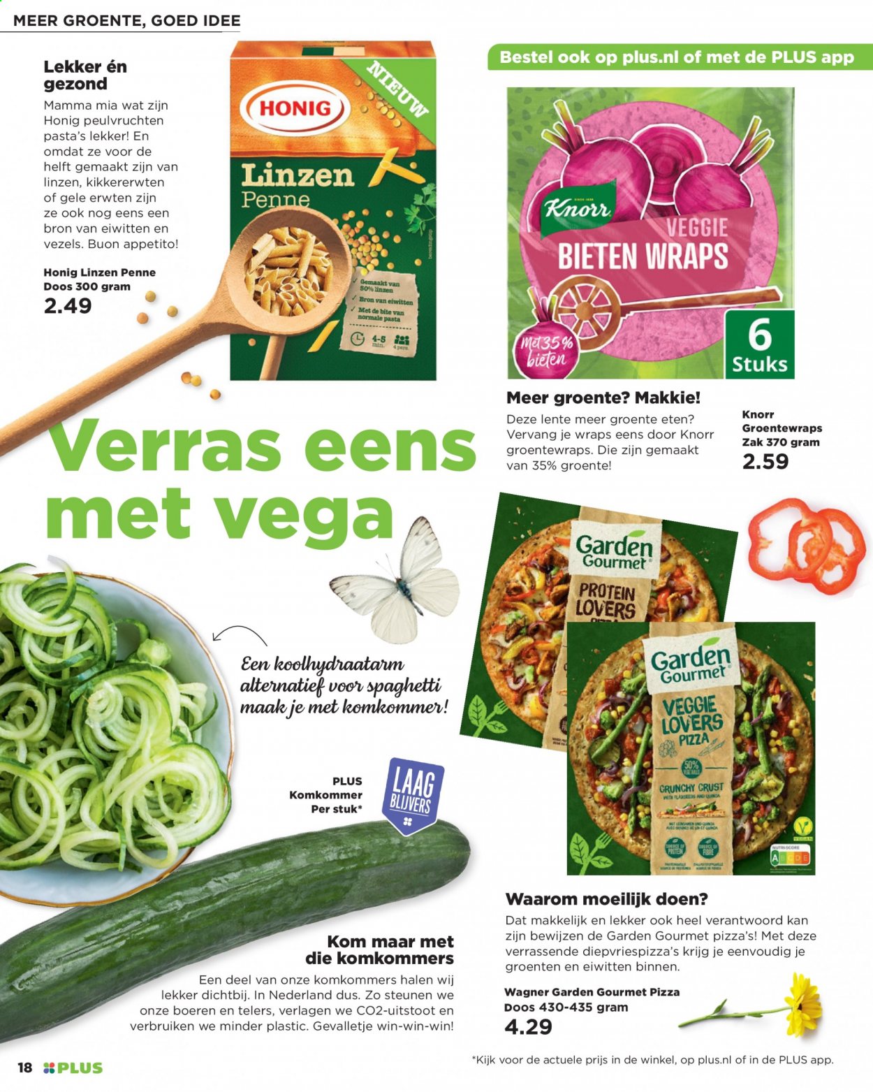 thumbnail - Plus-aanbieding -  producten in de aanbieding - wraps, komkommer, linzen, Knorr, pizza, kikkererwten, pasta, penne, spaghetti. Pagina 18.