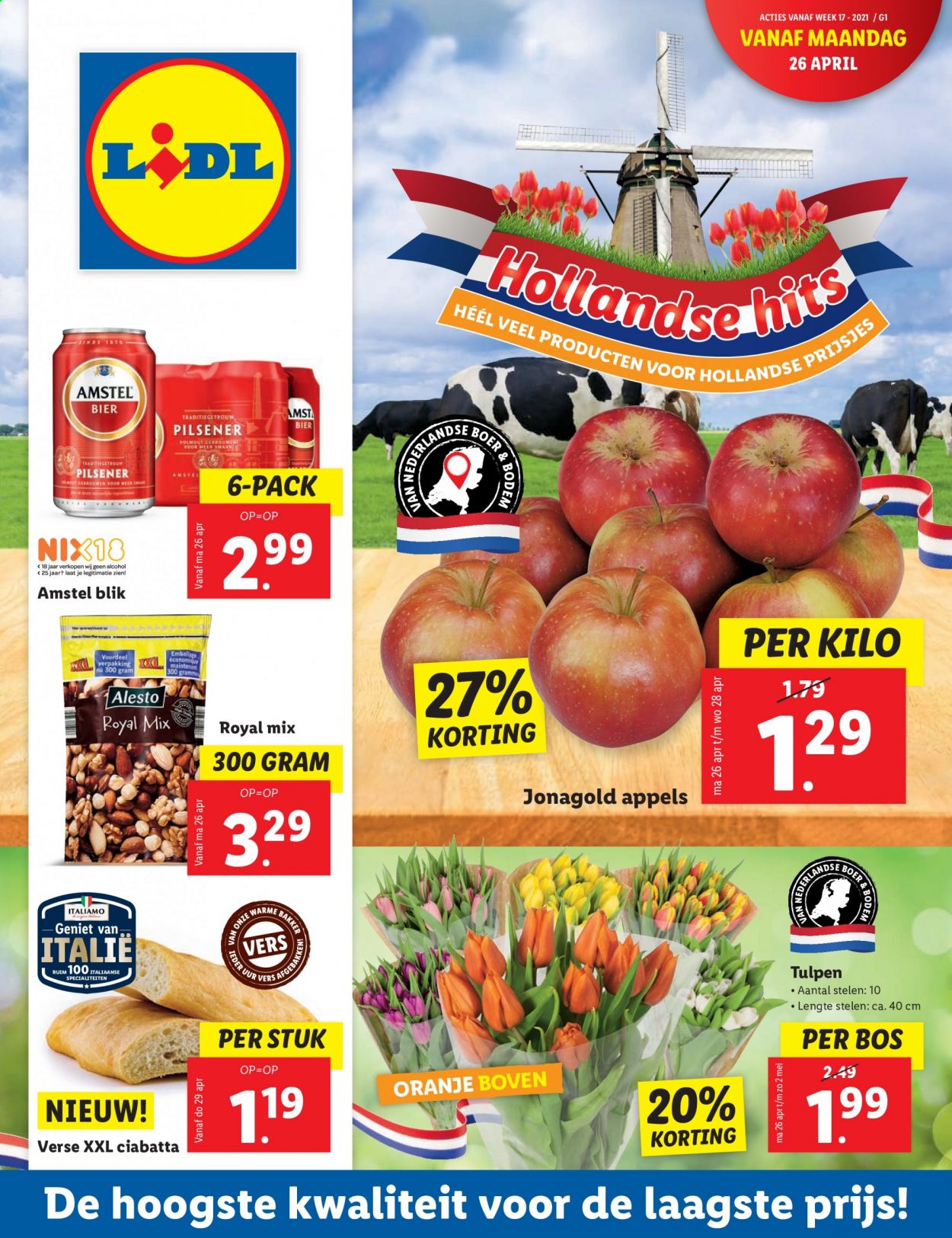 thumbnail - Lidl-aanbieding - 26-4-2021 - 2-5-2021 -  producten in de aanbieding - Amstel Bier, ciabatta, appels, oranje. Pagina 1.
