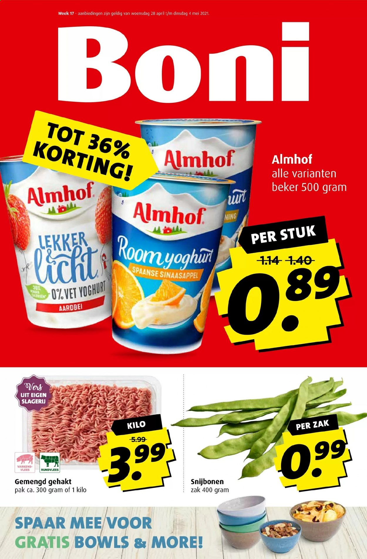 thumbnail - Boni-aanbieding - 28-4-2021 - 4-5-2021 -  producten in de aanbieding - snijbonen, sinaasappels, rundvlees, yoghurt. Pagina 1.