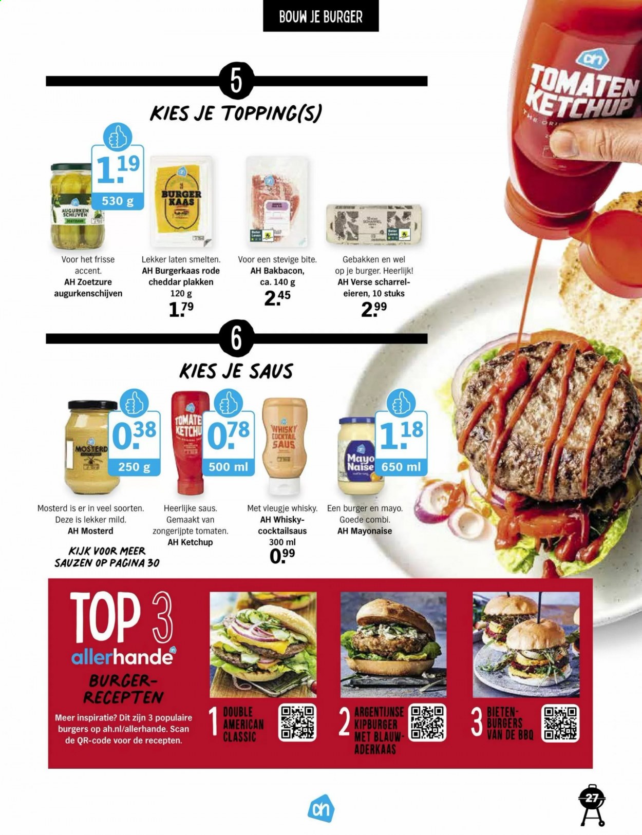 thumbnail - Albert Heijn-aanbieding -  producten in de aanbieding - bakbacon, Cheddar, kaas, mayonaise, Cocktailsaus, mosterd, BBQ. Pagina 27.