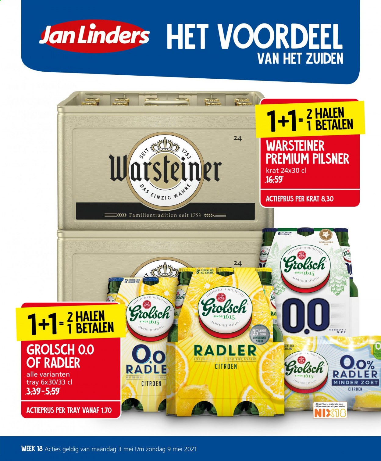 thumbnail - Jan Linders-aanbieding - 3-5-2021 - 9-5-2021 -  producten in de aanbieding - Warsteiner, Grolsch, bier, citroen, suiker. Pagina 1.