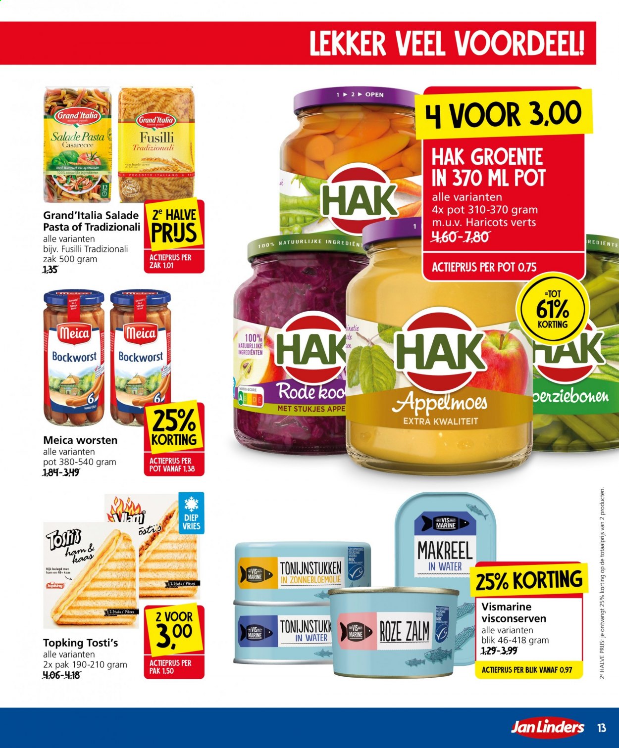 thumbnail - Jan Linders-aanbieding - 3-5-2021 - 9-5-2021 -  producten in de aanbieding - makreel, zalm, ham, Bockworst, kaas, pasta, fusilli. Pagina 13.