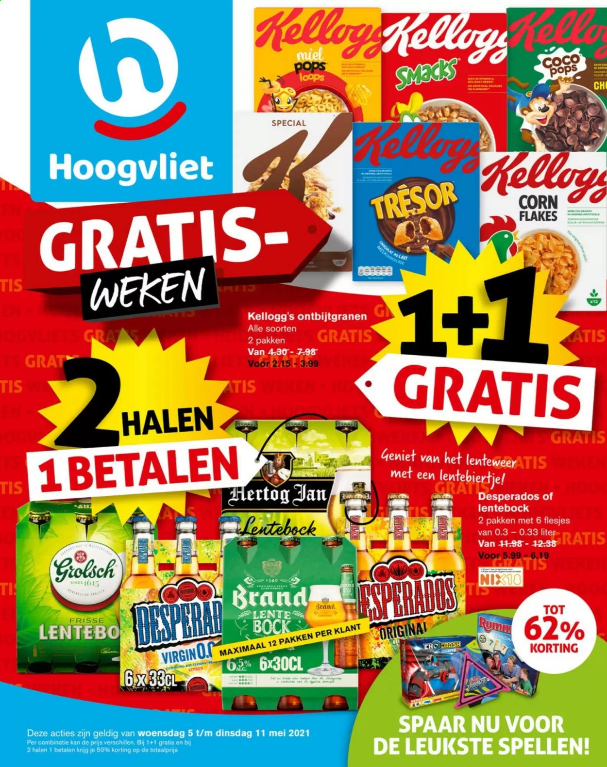 thumbnail - Hoogvliet-aanbieding - 5-5-2021 - 11-5-2021 -  producten in de aanbieding - Hertog Jan, Grolsch, Kellogg's. Pagina 1.