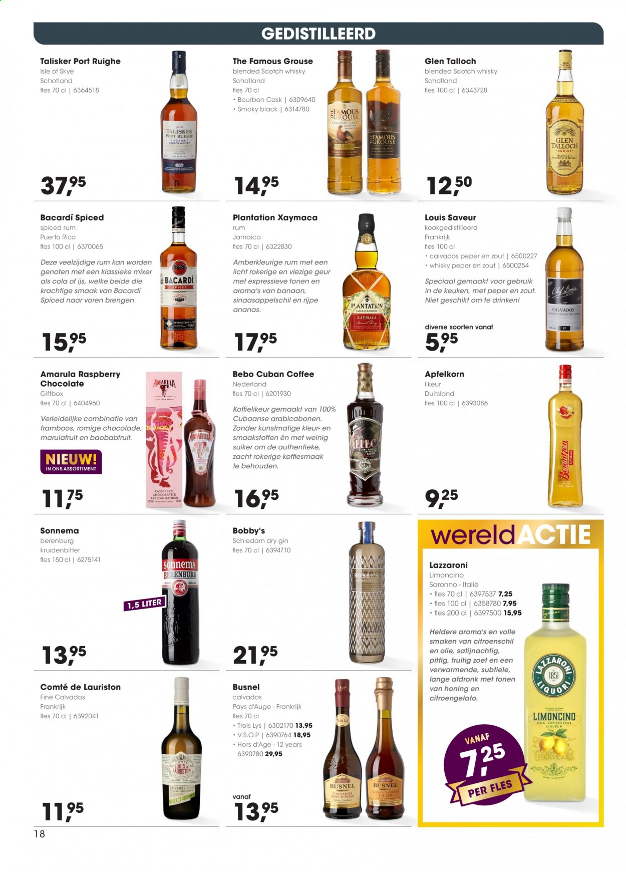 thumbnail - Hanos-aanbieding - 3-5-2021 - 16-5-2021 -  producten in de aanbieding - banaan, ananas, chocolade, suiker, Frankrijk, Bacardi, blended scotch whisky, Bourbon, rum, Calvados, koffielikeur, scotch whisky, Spiced rum, whisky, gin, Talisker, mixer. Pagina 18.