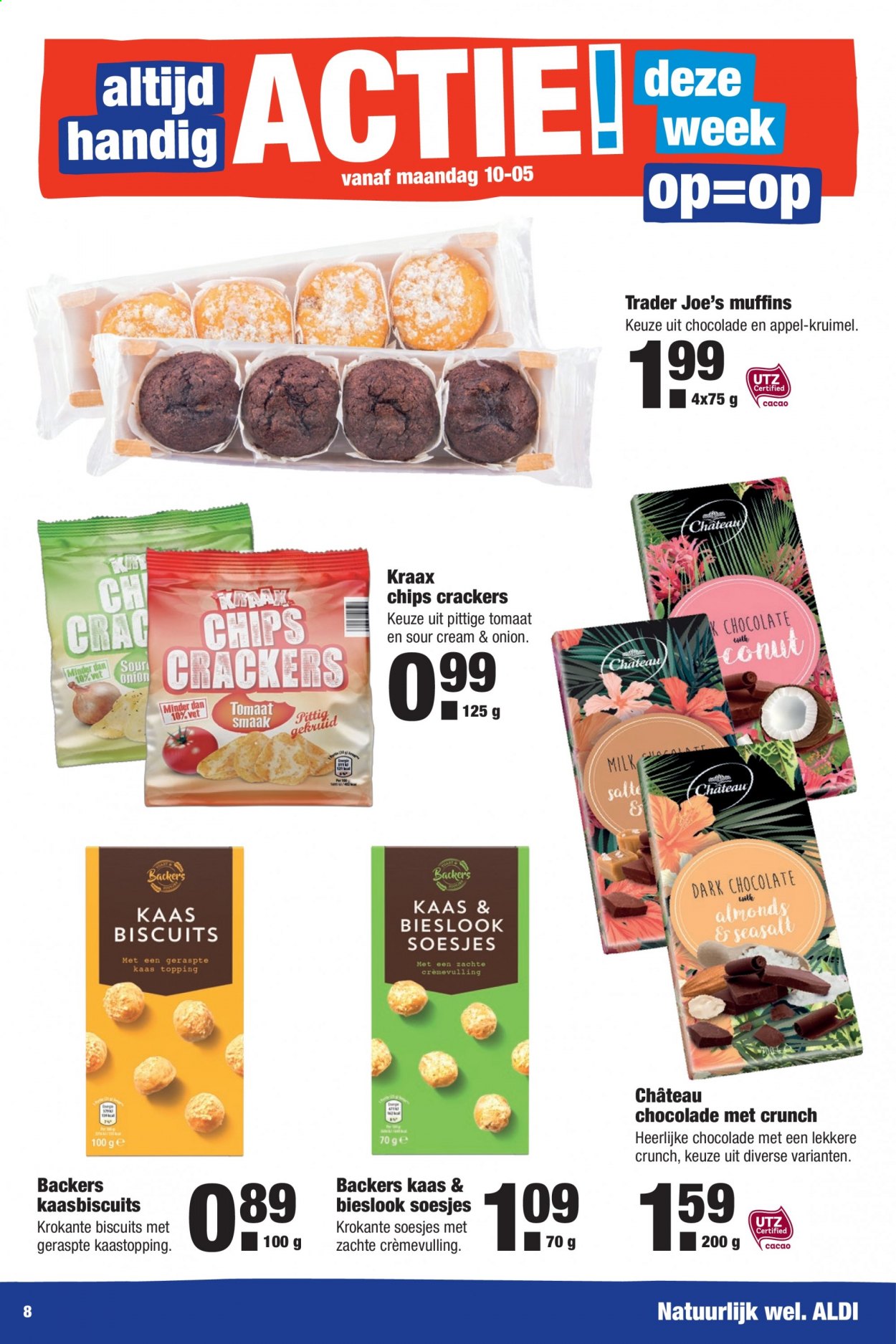thumbnail - Aldi-aanbieding - 10-5-2021 - 16-5-2021 -  producten in de aanbieding - muffins, kaas, geraspte kaas, chocolade, crackers, chips. Pagina 8.