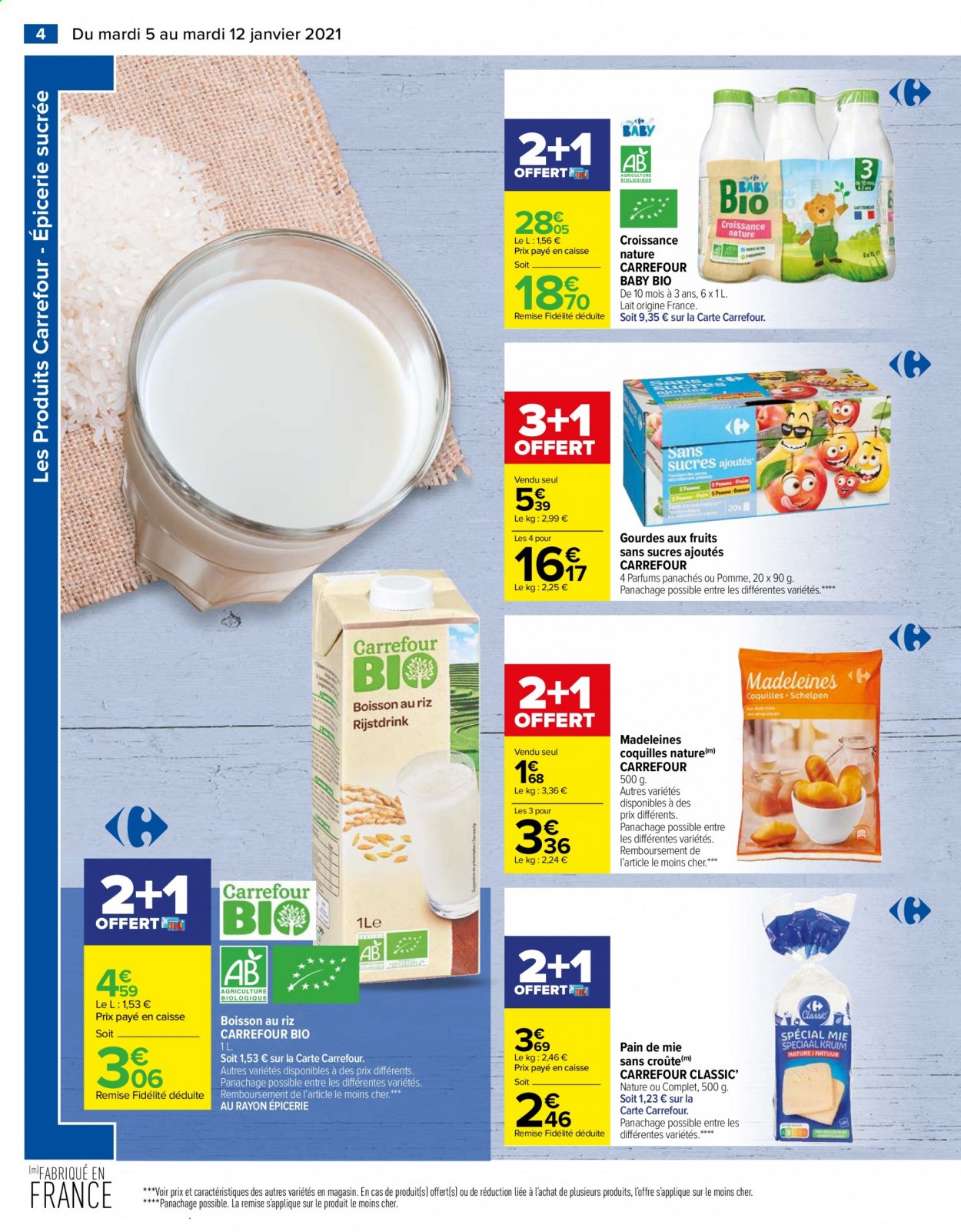 thumbnail - Catalogue Carrefour Hypermarchés - 05/01/2021 - 12/01/2021 - Produits soldés - gourde, pain, pain de mie, madeleines, lait, gourdes aux fruits. Page 4.