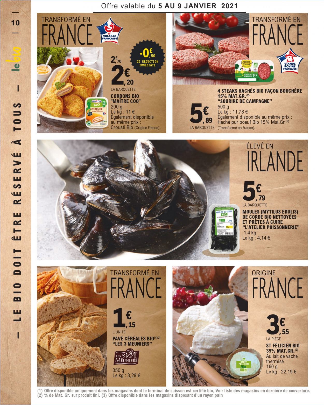 thumbnail - Catalogue E.Leclerc - 05/01/2021 - 16/01/2021 - Produits soldés - pain, Maître CoQ, steak haché, viande hachée, moules. Page 10.