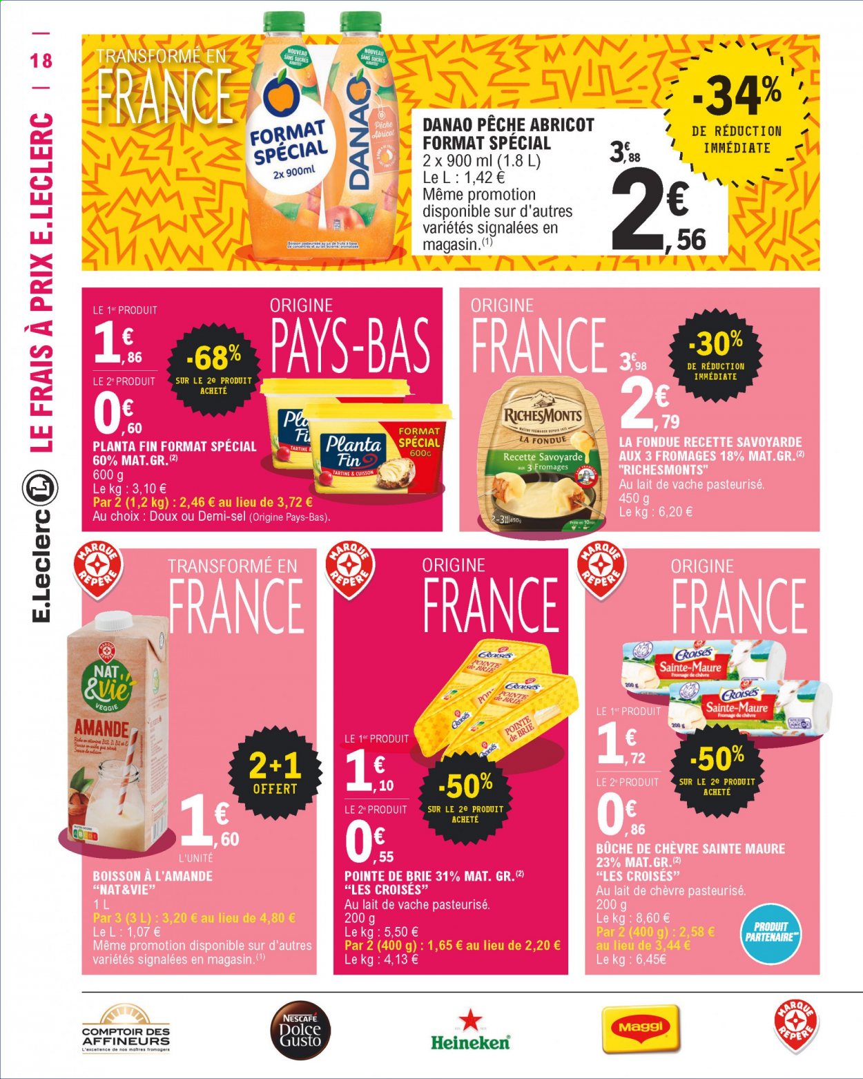 Catalogue E.Leclerc - 05/01/2021 - 16/01/2021 - Produits soldés - Brie, fromage, fromage de chèvre, bûche de chèvre, sel, jus, Nescafé. Page 18.