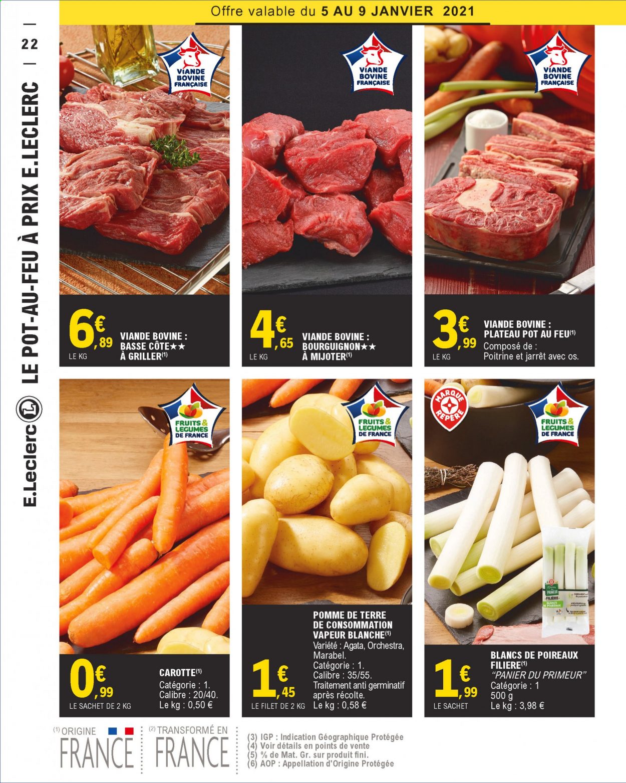 Catalogue E.Leclerc - 05/01/2021 - 16/01/2021 - Produits soldés - carotte, pommes de terre, viande bovine, grill. Page 22.