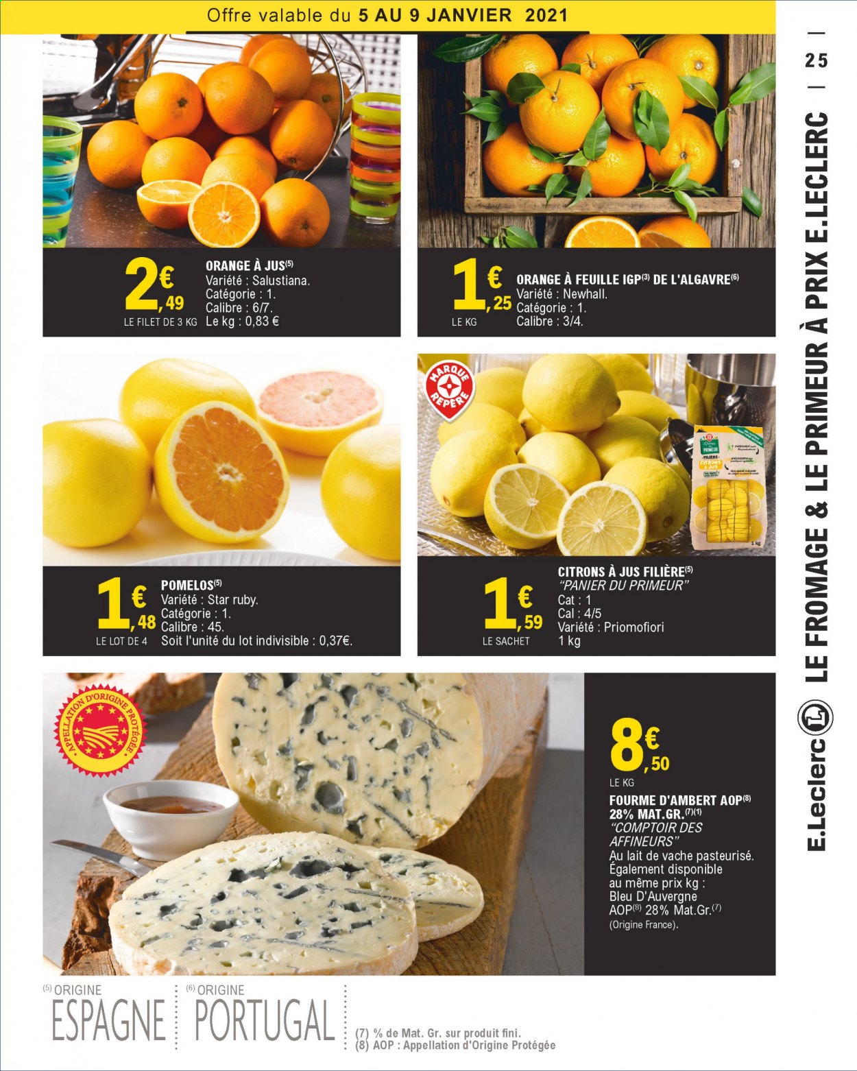 thumbnail - Catalogue E.Leclerc - 05/01/2021 - 16/01/2021 - Produits soldés - pomelo, Bleu d'Auvergne, Fourme d'Ambert, fromage, sac. Page 25.