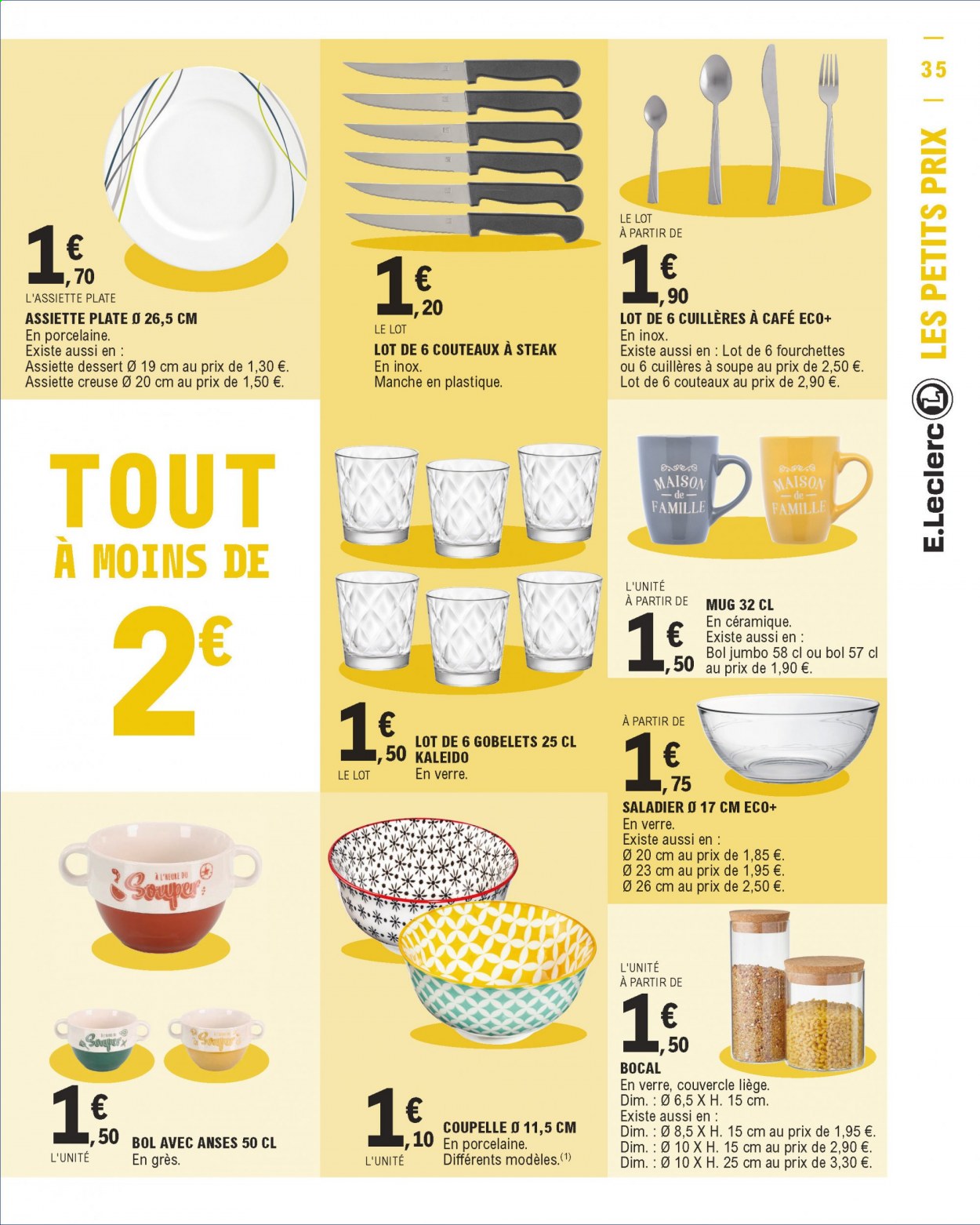 Catalogue E.Leclerc - 05/01/2021 - 16/01/2021 - Produits soldés - soupe, assiette, gobelet, mug, saladier, fourchette, maison. Page 35.