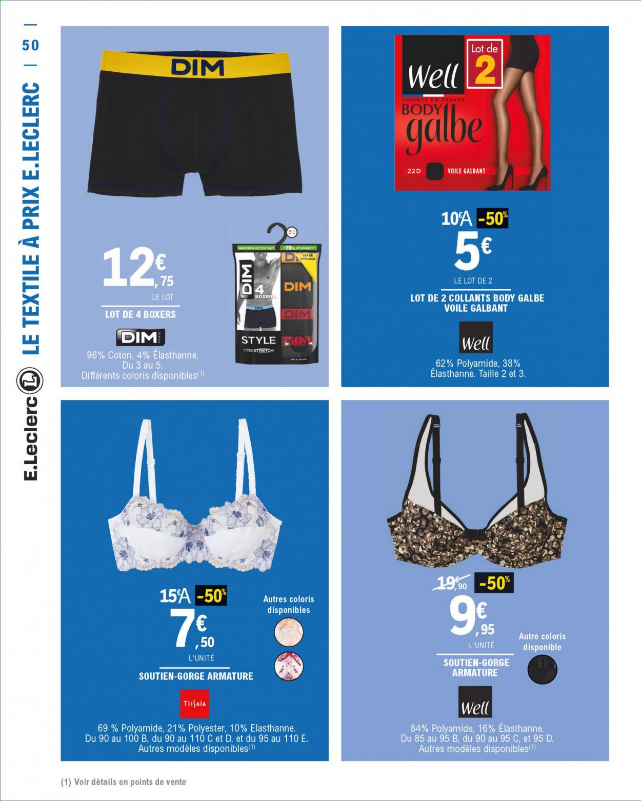 thumbnail - Catalogue E.Leclerc - 05/01/2021 - 16/01/2021 - Produits soldés - soutien-gorge, Tissaia, boxers, body, collant. Page 50.