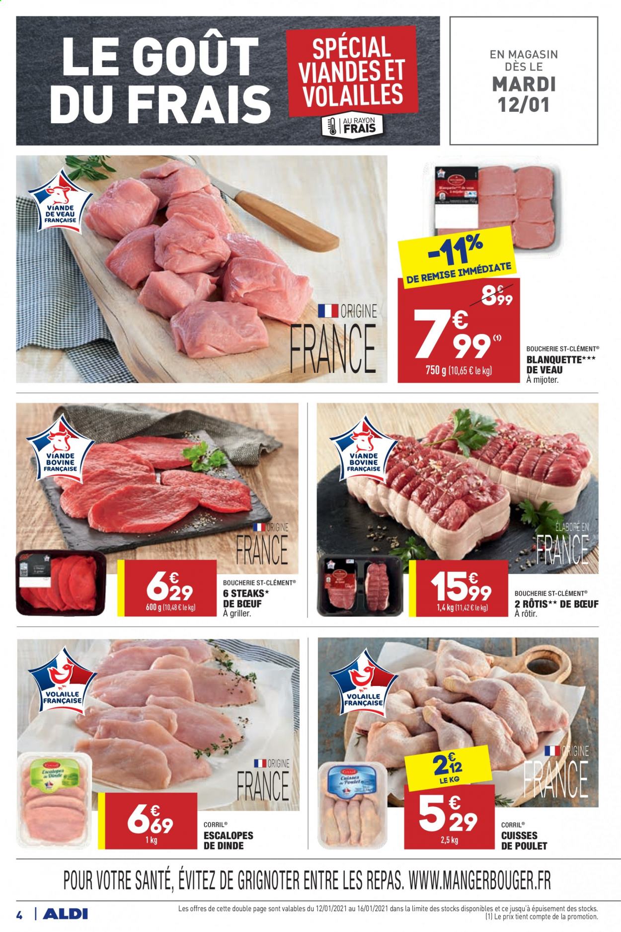 thumbnail - Catalogue ALDI - 12/01/2021 - 18/01/2021 - Produits soldés - steak, escalope, cuisses de poulet, viande de poulet, viande de dinde, escalope de dinde, viande de veau, rôti de bœuf. Page 4.