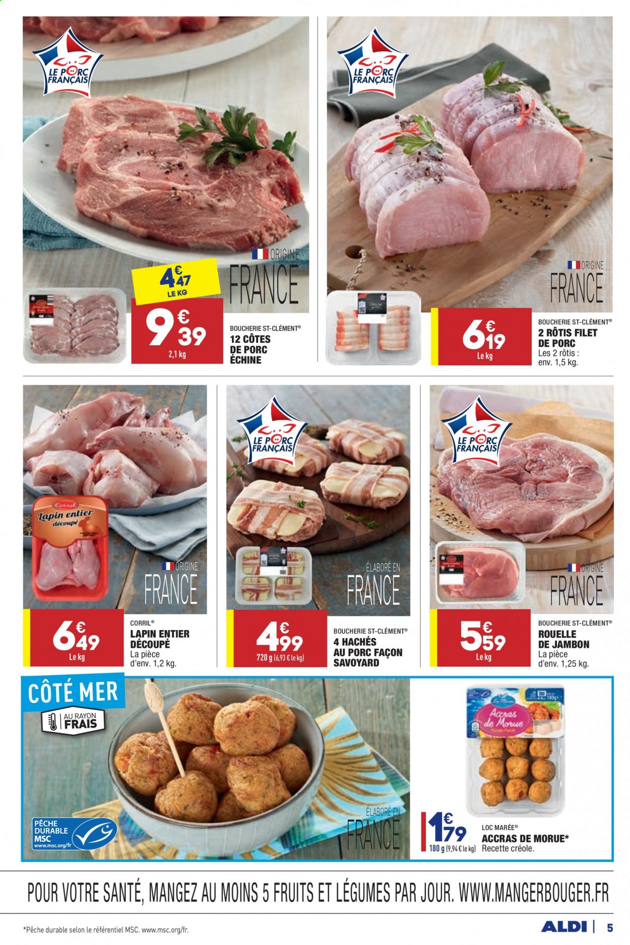 thumbnail - Catalogue ALDI - 12/01/2021 - 18/01/2021 - Produits soldés - côtes de porc, côtes de porc échine, rôti de porc, viande de porc, lapin entier, viande de lapin, accras de morue, rouelle de jambon. Page 5.