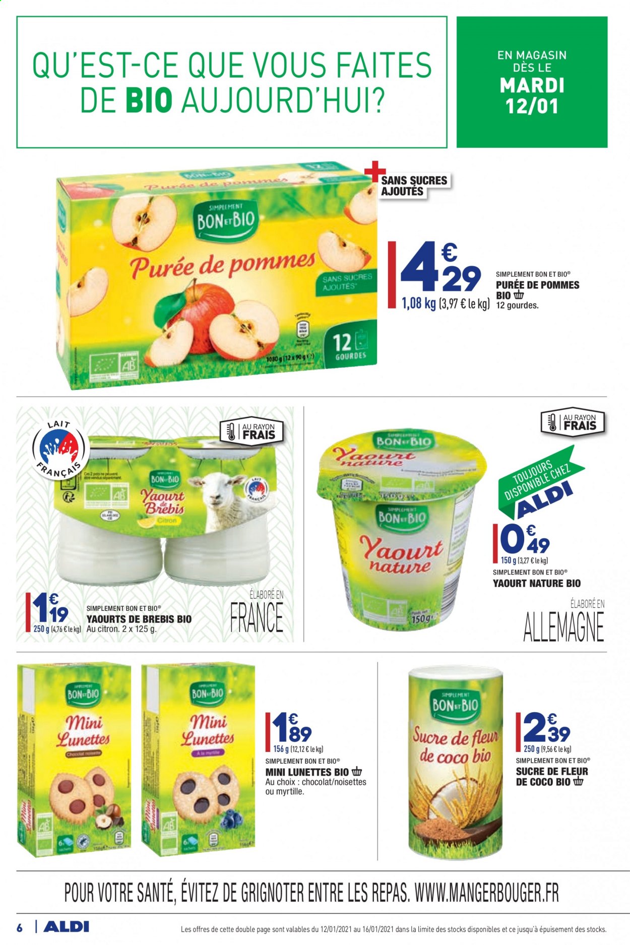 thumbnail - Catalogue ALDI - 12/01/2021 - 18/01/2021 - Produits soldés - gourde, SIMPLEMENT BON ET BIO, yaourt, chocolat, sucre, lunettes. Page 6.