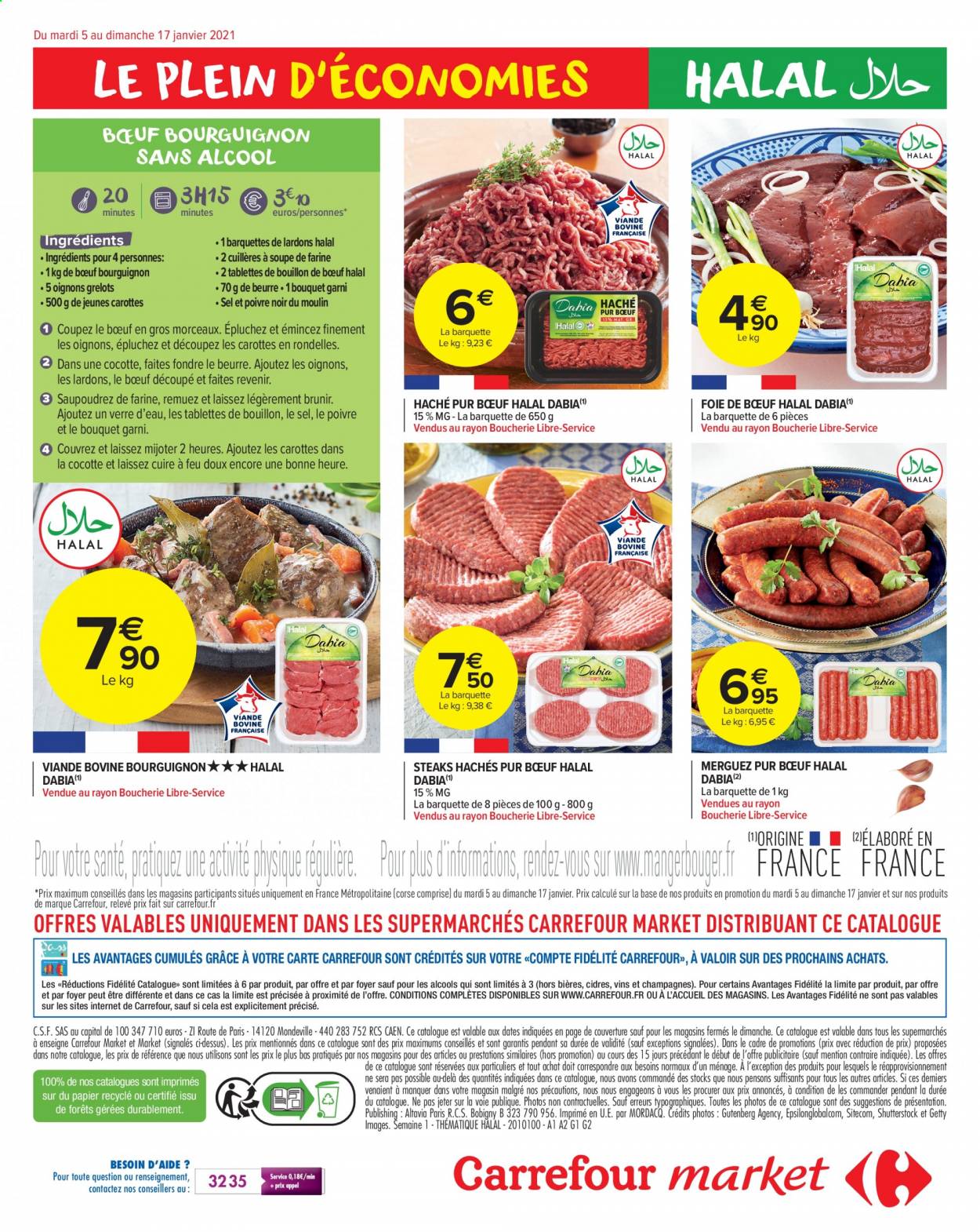 thumbnail - Catalogue Carrefour Market - 05/01/2021 - 17/01/2021 - Produits soldés - oignons, steak haché, viande hachée, lardons, merguez, bouillon, vin, verre, cocotte, grelot. Page 4.