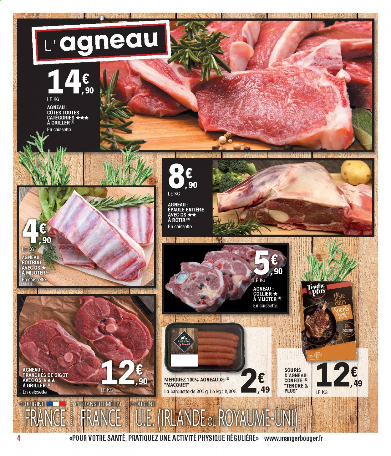Catalogue E.Leclerc - 05/01/2021 - 17/01/2021 - Produits soldés - agneau, souris d'agneau, merguez, grill. Page 4.
