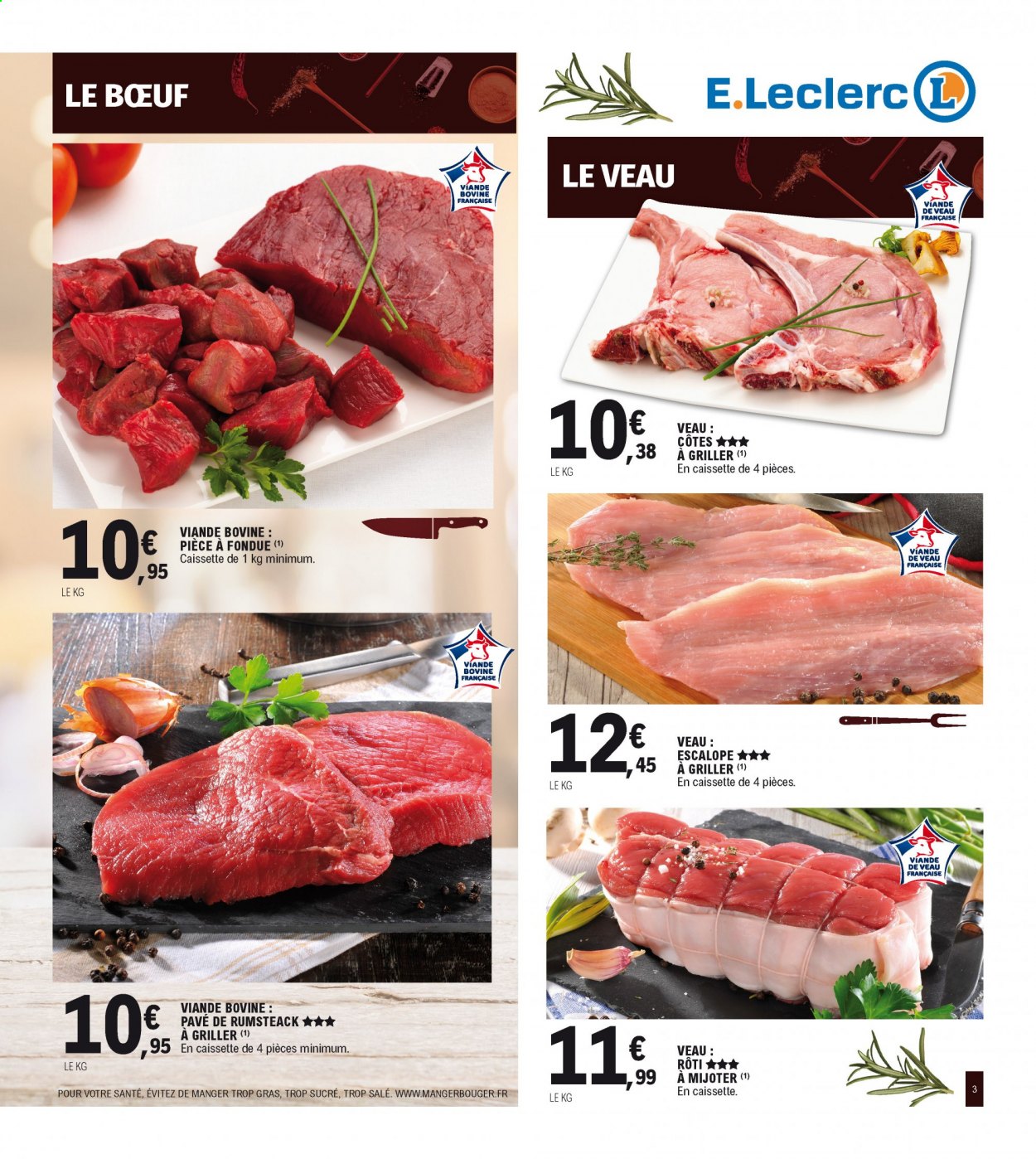 Catalogue E.Leclerc - 02/01/2021 - 09/01/2021 - Produits soldés - escalope, pièce à fondue, viande de veau, viande bovine, grill, pavés. Page 3.