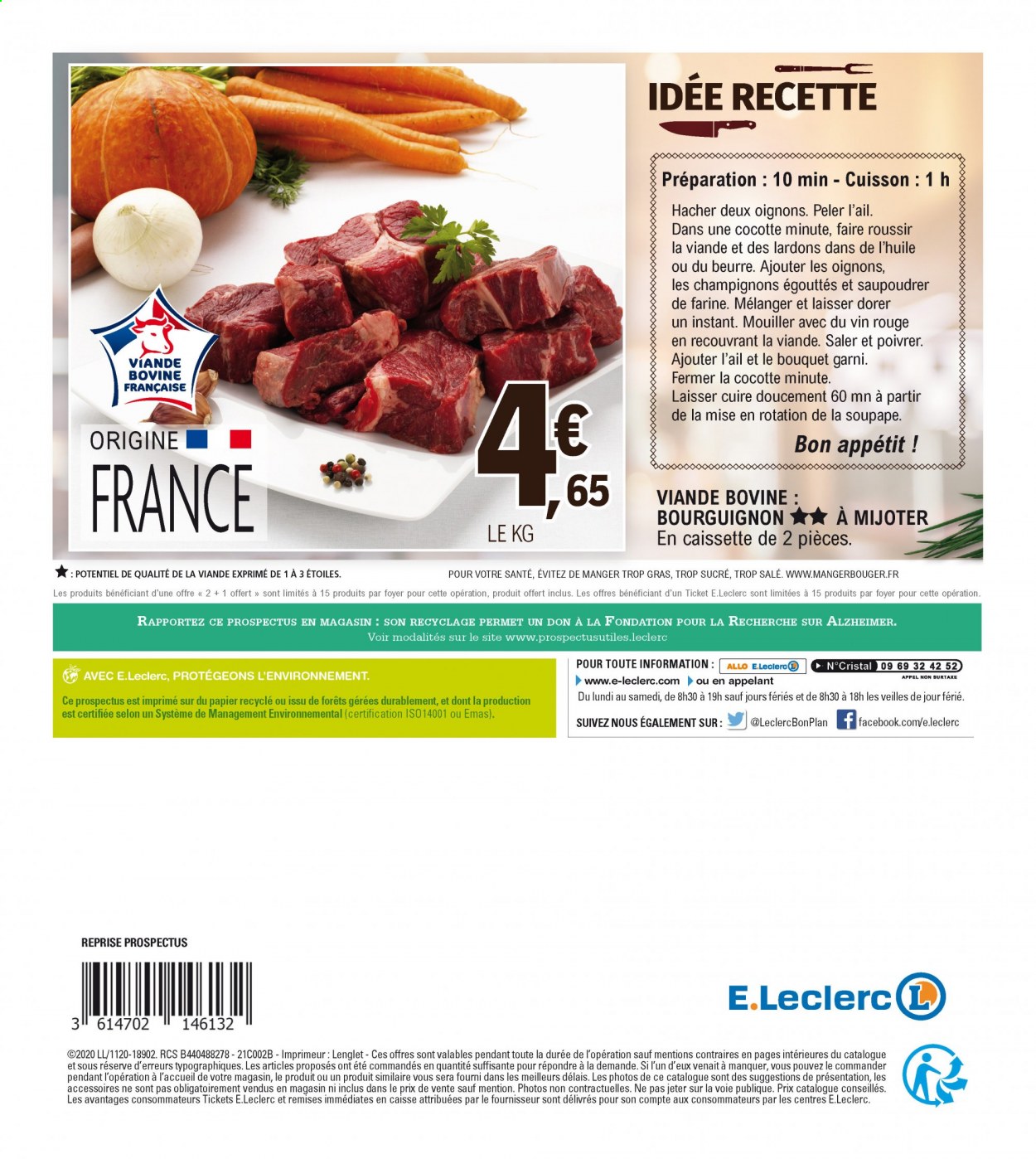 Catalogue E.Leclerc - 02/01/2021 - 09/01/2021 - Produits soldés - oignons, champignon, viande bovine, lardons, beurre, farine, vin rouge. Page 12.