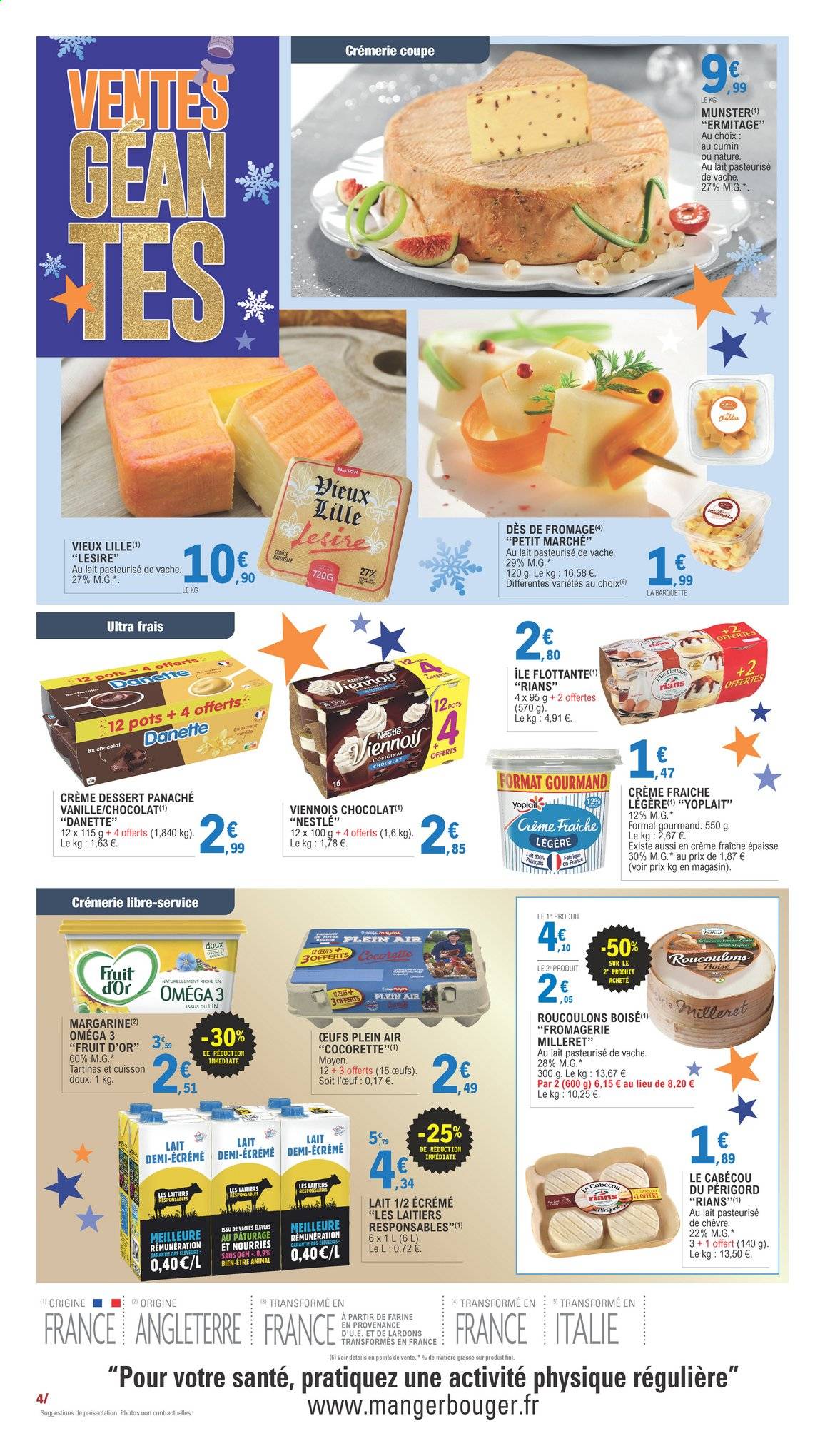 Catalogue E.Leclerc - 29/12/2020 - 10/01/2021 - Produits soldés - lardons, cabécou, Munster, lait demi-écrémé, œufs, crème fraîche, chocolat, farine. Page 4.