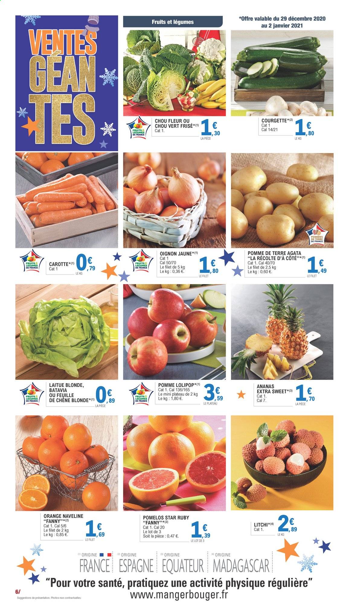 thumbnail - Catalogue E.Leclerc - 29/12/2020 - 10/01/2021 - Produits soldés - ananas, litchi, pomelo, carotte, courgette, oignons, pommes de terre, fleur. Page 6.