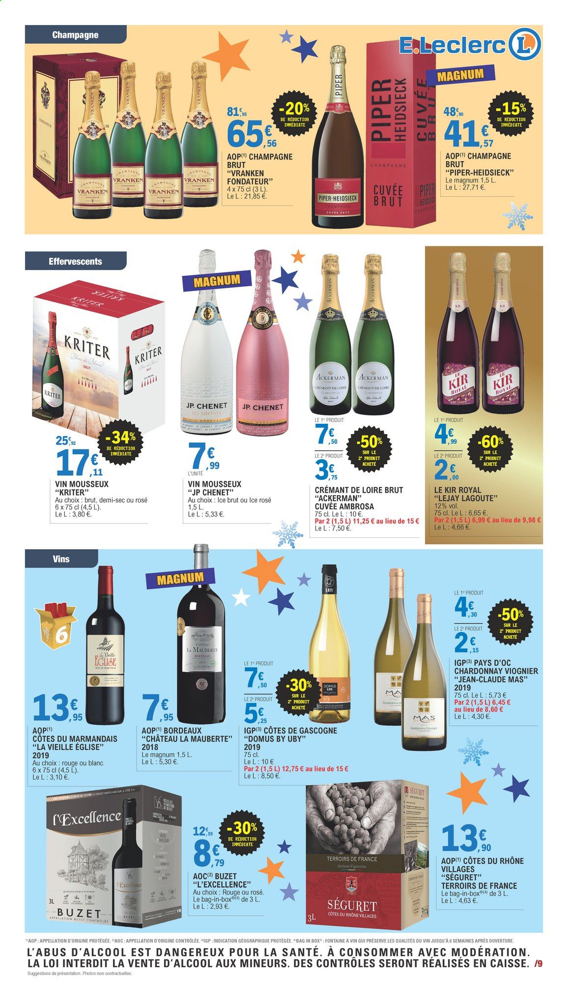 Catalogue E.Leclerc - 29/12/2020 - 10/01/2021 - Produits soldés - Bordeaux, Côtes de Gascogne, Côtes du Rhône, champagne. Page 9.
