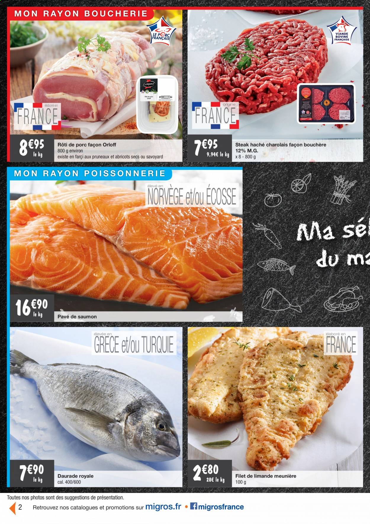 thumbnail - Catalogue Migros France - 12/01/2021 - 17/01/2021 - Produits soldés - rôti de porc, viande de porc, steak haché, viande hachée, saumon, limande, dorade. Page 3.