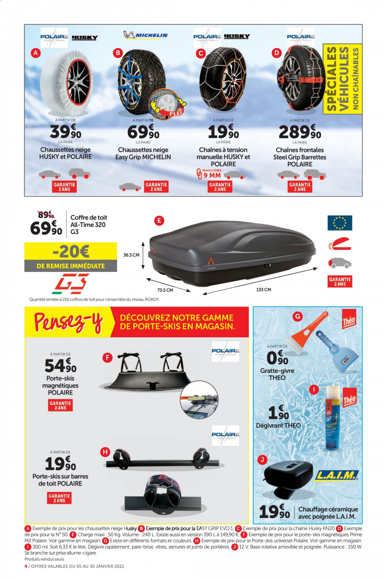 thumbnail - Catalogue Roady - 05/01/2021 - 30/01/2021 - Produits soldés - coffre, câbles de démarrage, coffre de toit, Osram, Michelin. Page 4.