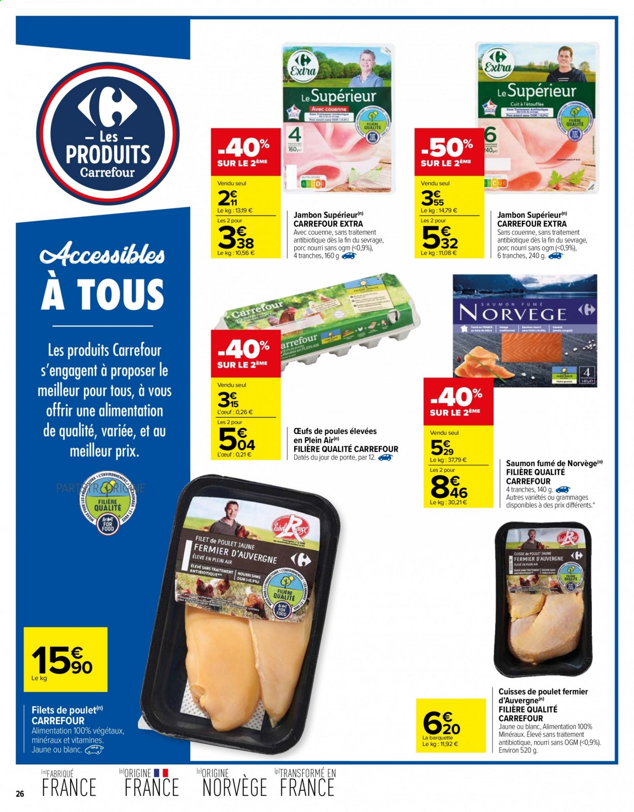 thumbnail - Catalogue Carrefour Hypermarchés - 12/01/2021 - 25/01/2021 - Produits soldés - filet de poulet, cuisses de poulet, viande de poulet, saumon, jambon, saumon fumé, œufs. Page 26.