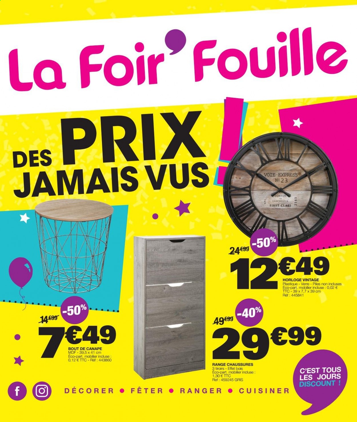 thumbnail - Catalogue La Foir'Fouille - 07/01/2021 - 23/01/2021 - Produits soldés - verre, bout de canapé, étagère à chaussures, horloge. Page 1.