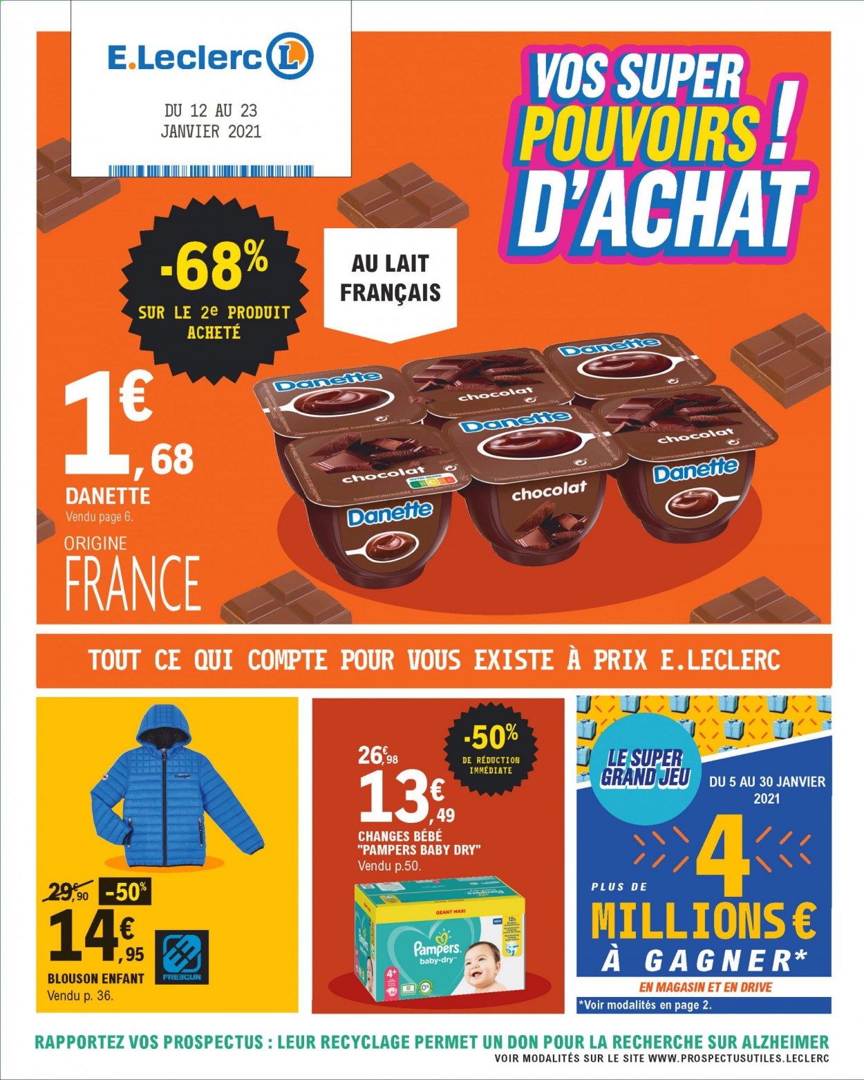 Catalogue E.Leclerc - 12/01/2021 - 23/01/2021 - Produits soldés - jeu, chocolat, Pampers, blouson. Page 1.