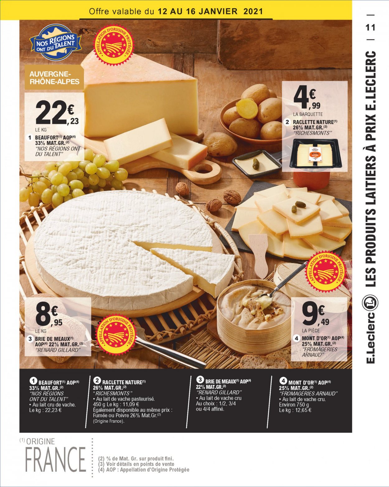 thumbnail - Catalogue E.Leclerc - 12/01/2021 - 23/01/2021 - Produits soldés - Brie, Beaufort, fromage, RichesMonts, La Raclette, Mont d'Or. Page 11.