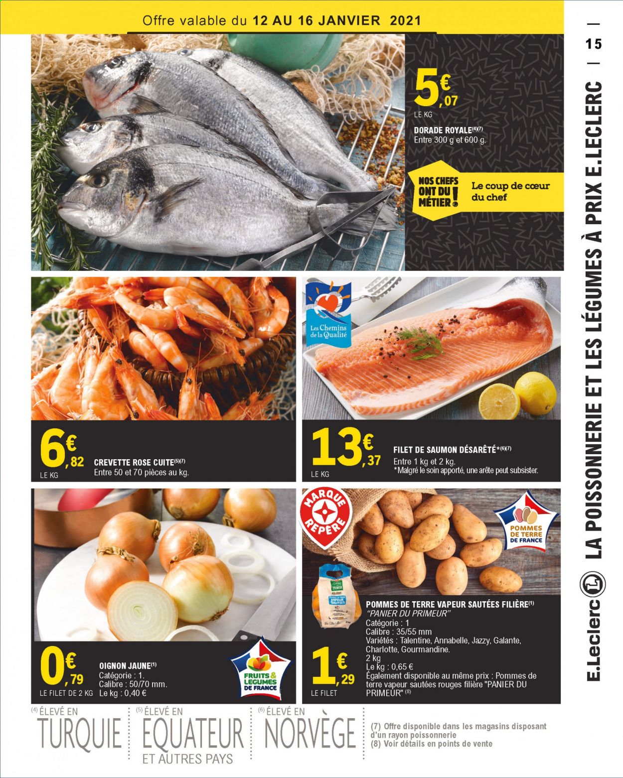 Catalogue E.Leclerc - 12/01/2021 - 23/01/2021 - Produits soldés - pommes de terre, saumon, crevettes, crevette rosé. Page 15.