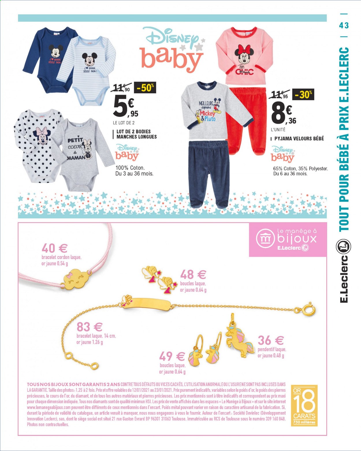 thumbnail - Catalogue E.Leclerc - 12/01/2021 - 23/01/2021 - Produits soldés - pyjama, velours bébé, bracelet. Page 43.