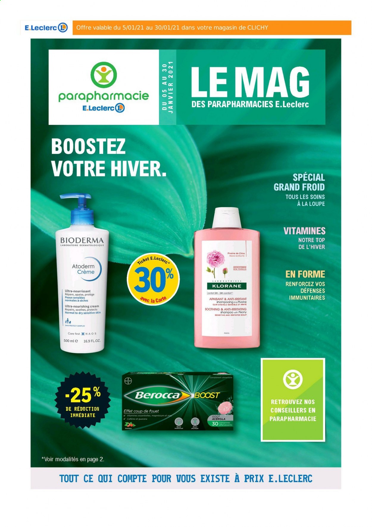 thumbnail - Catalogue E.Leclerc - 05/01/2021 - 30/01/2021 - Produits soldés - Bioderma, Atoderm, shampooing, Klorane, fouet, pivoine, Magne B6. Page 1.