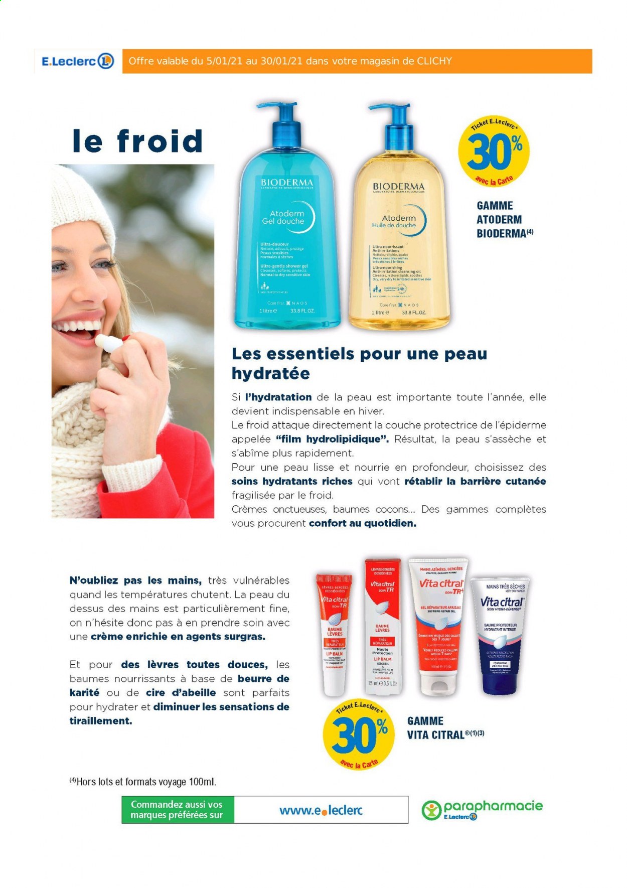 thumbnail - Catalogue E.Leclerc - 05/01/2021 - 30/01/2021 - Produits soldés - baume lèvres, huile, Bioderma, Atoderm, gel douche. Page 13.