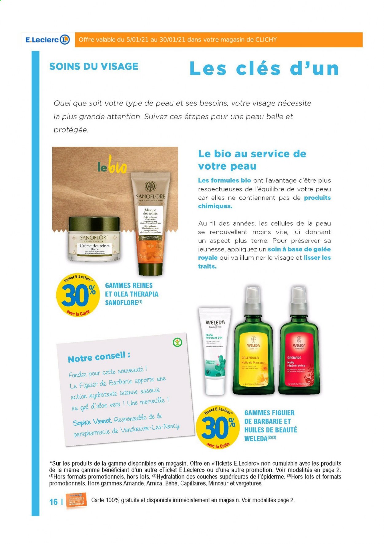 Catalogue E.Leclerc - 05/01/2021 - 30/01/2021 - Produits soldés - crème, huile, couches, Weleda, masque, Sanoflore, arnica. Page 16.