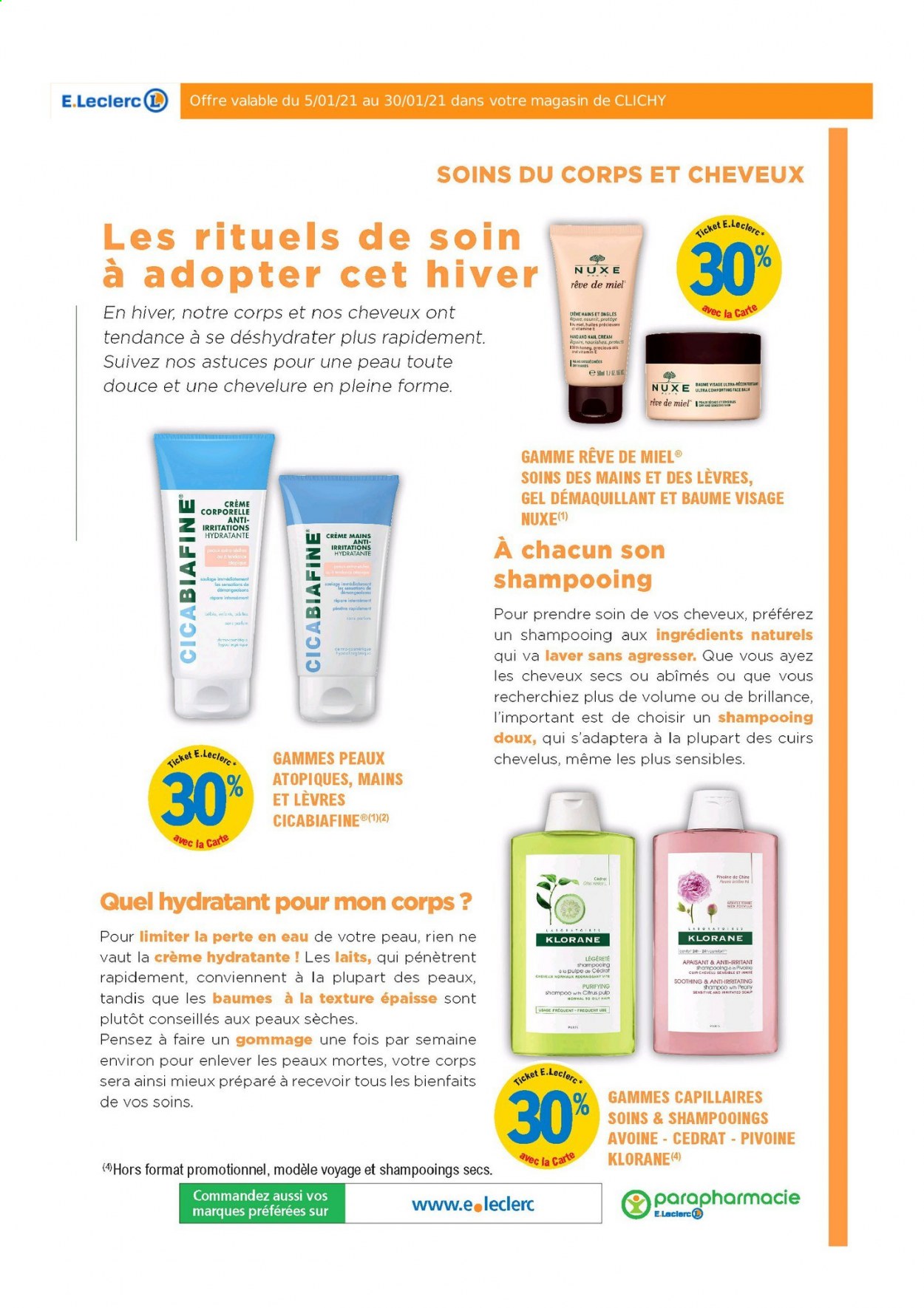 Catalogue E.Leclerc - 05/01/2021 - 30/01/2021 - Produits soldés - shampooing, baume, Nuxe, soins des mains, Klorane, crème mains. Page 19.