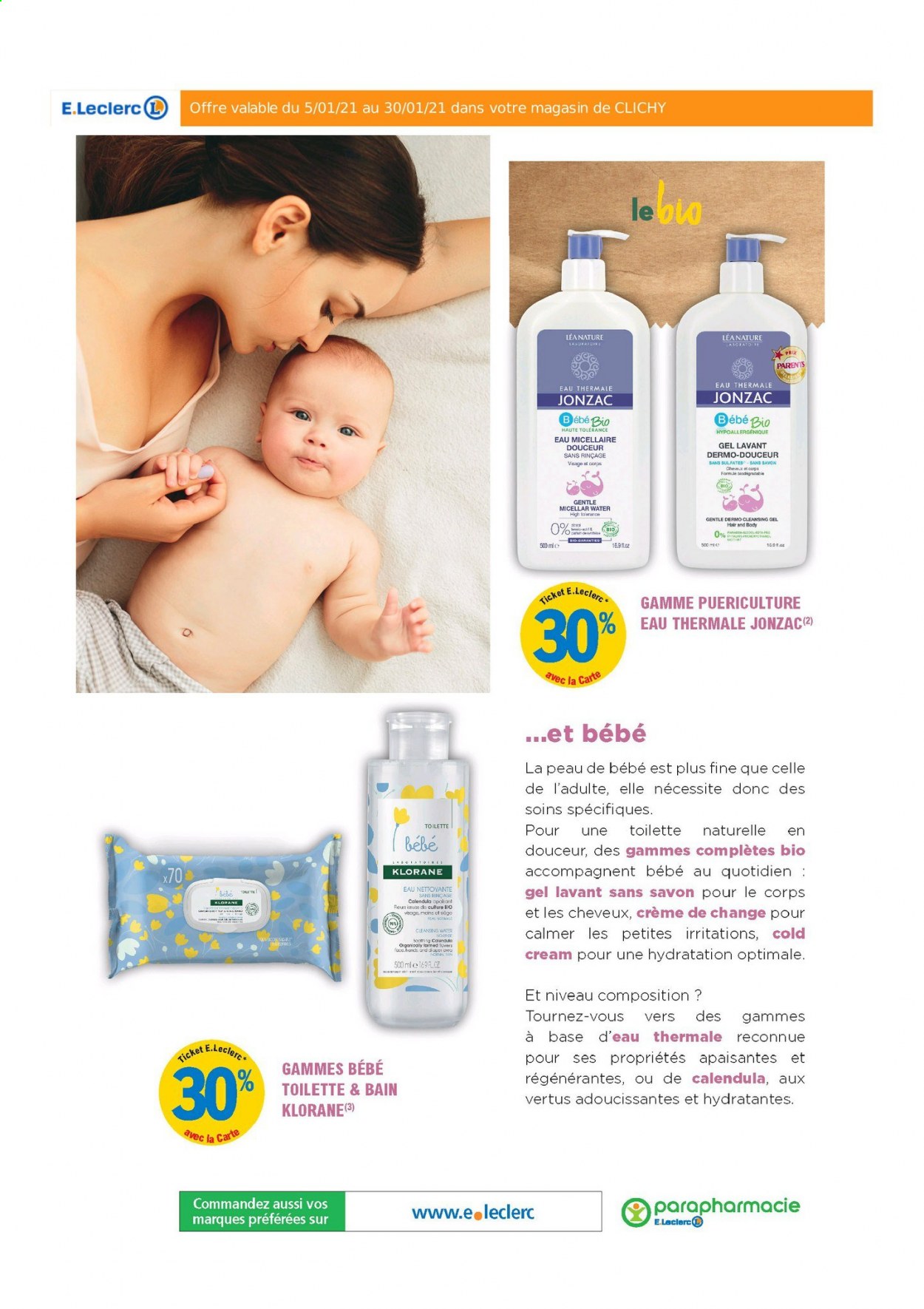 Catalogue E.Leclerc - 05/01/2021 - 30/01/2021 - Produits soldés - crème, savon, gel lavant, eau nettoyante, Klorane. Page 23.