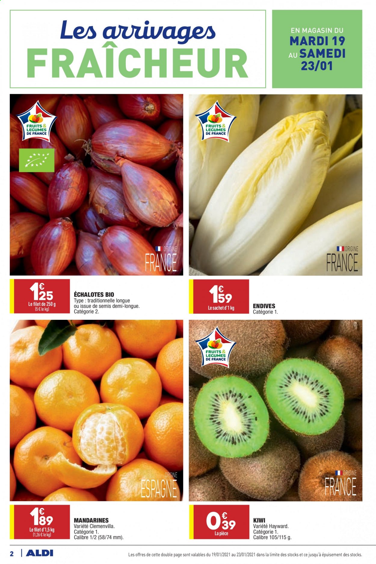 thumbnail - Catalogue ALDI - 19/01/2021 - 25/01/2021 - Produits soldés - kiwi, clémentines, mandarines, endives, échalotes. Page 2.