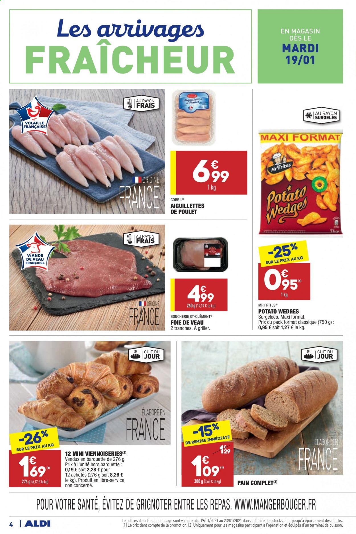thumbnail - Catalogue ALDI - 19/01/2021 - 25/01/2021 - Produits soldés - pain, viande de poulet, escalope de poulet, viande de veau, frites. Page 4.