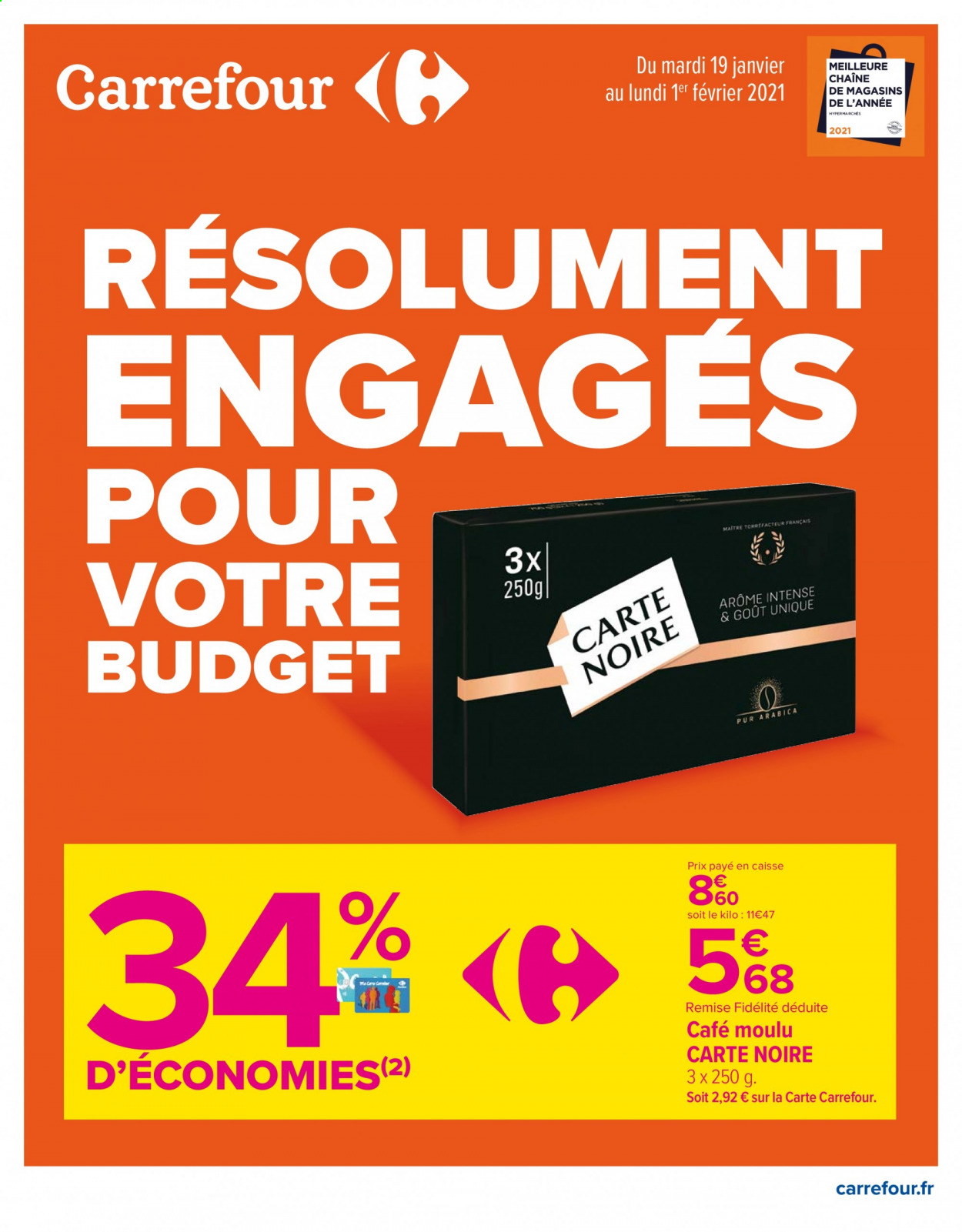 thumbnail - Catalogue Carrefour Hypermarchés - 19/01/2021 - 01/02/2021 - Produits soldés - café, café moulu, Carte Noire. Page 1.