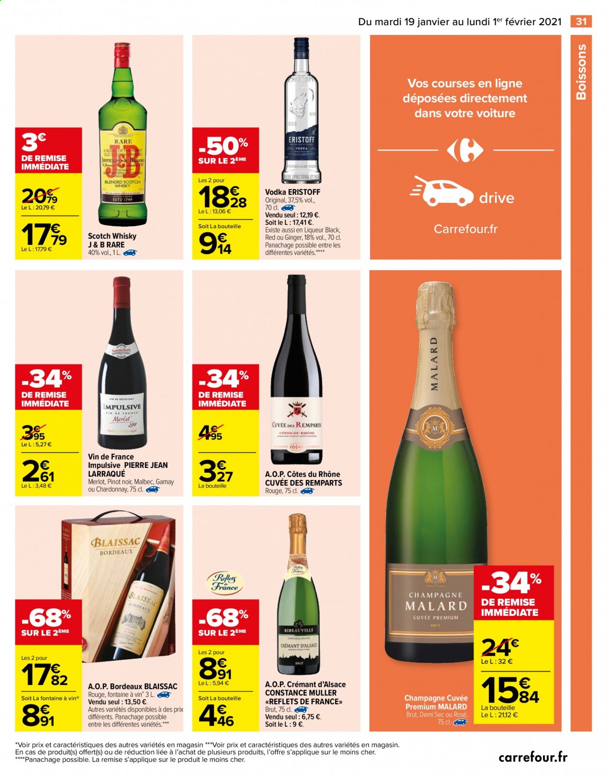 thumbnail - Catalogue Carrefour Hypermarchés - 19/01/2021 - 01/02/2021 - Produits soldés - alcool, Bordeaux, Côtes du Rhône, Crémant d’Alsace, champagne, vodka, whisky, liqueur, jeans. Page 33.