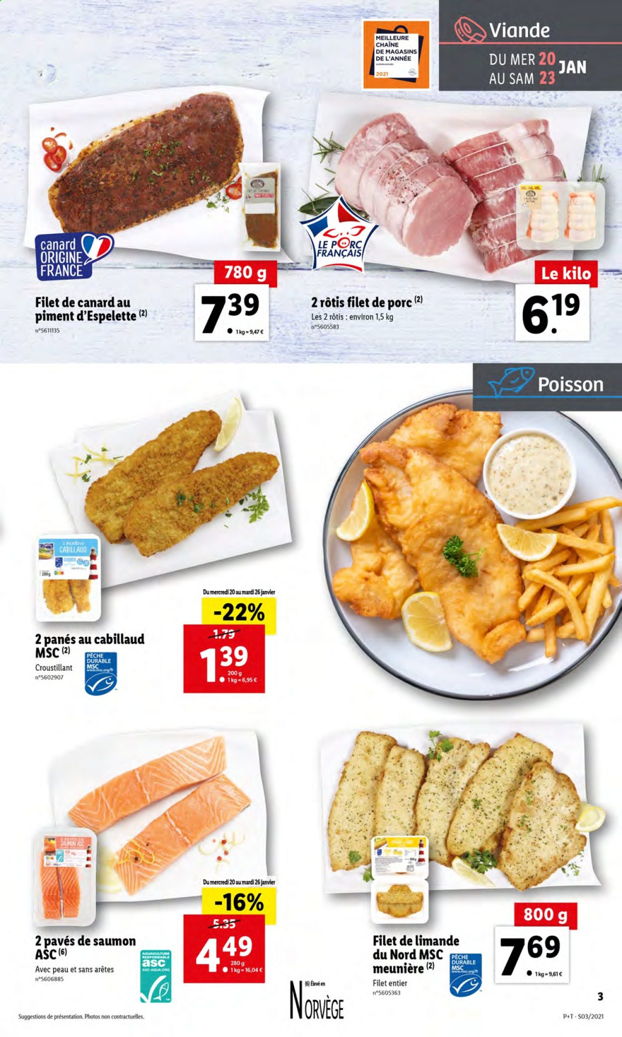 thumbnail - Catalogue Lidl - 20/01/2021 - 26/01/2021 - Produits soldés - rôti de porc, viande de porc, piment, filet de canard, saumon, cabillaud, limande, pavés de saumon. Page 3.