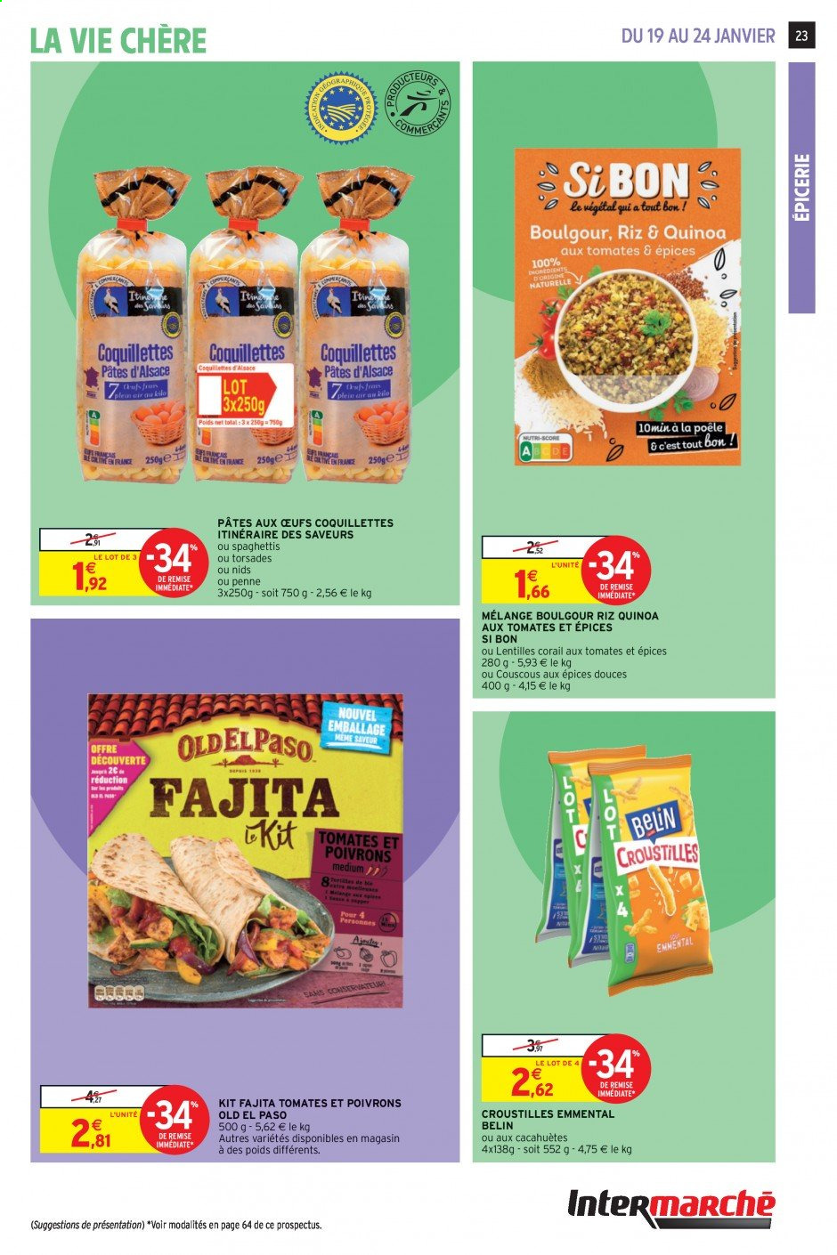thumbnail - Catalogue Intermarché Super - 19/01/2021 - 24/01/2021 - Produits soldés - Old El Paso, lentilles, emmental, fromage, couscous, quinoa, riz, pâtes. Page 23.