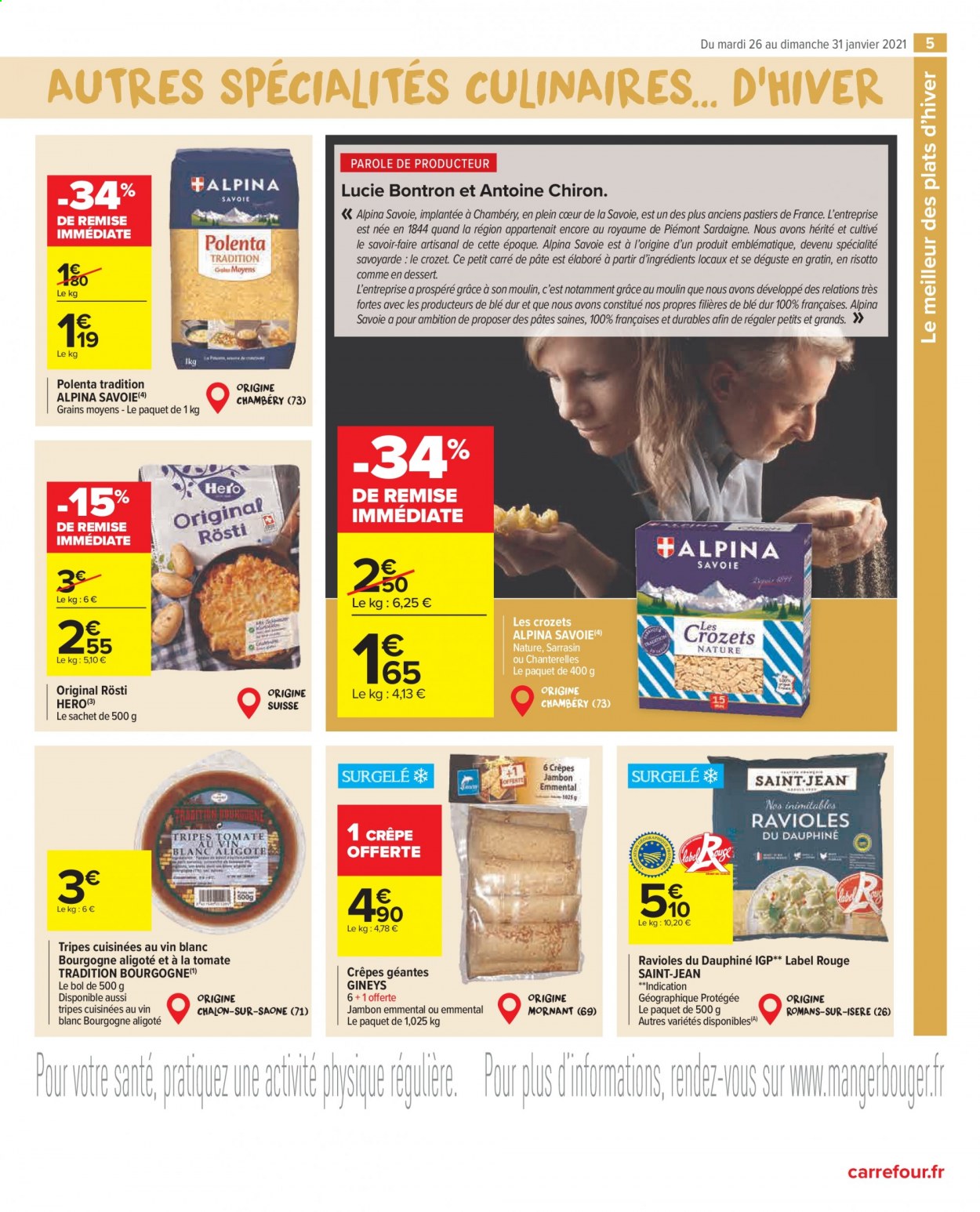 thumbnail - Catalogue Carrefour Market - 26/01/2021 - 31/01/2021 - Produits soldés - crêpes, ravioli, jambon, polenta, Crozets de Savoie, Alpina Savoie. Page 5.