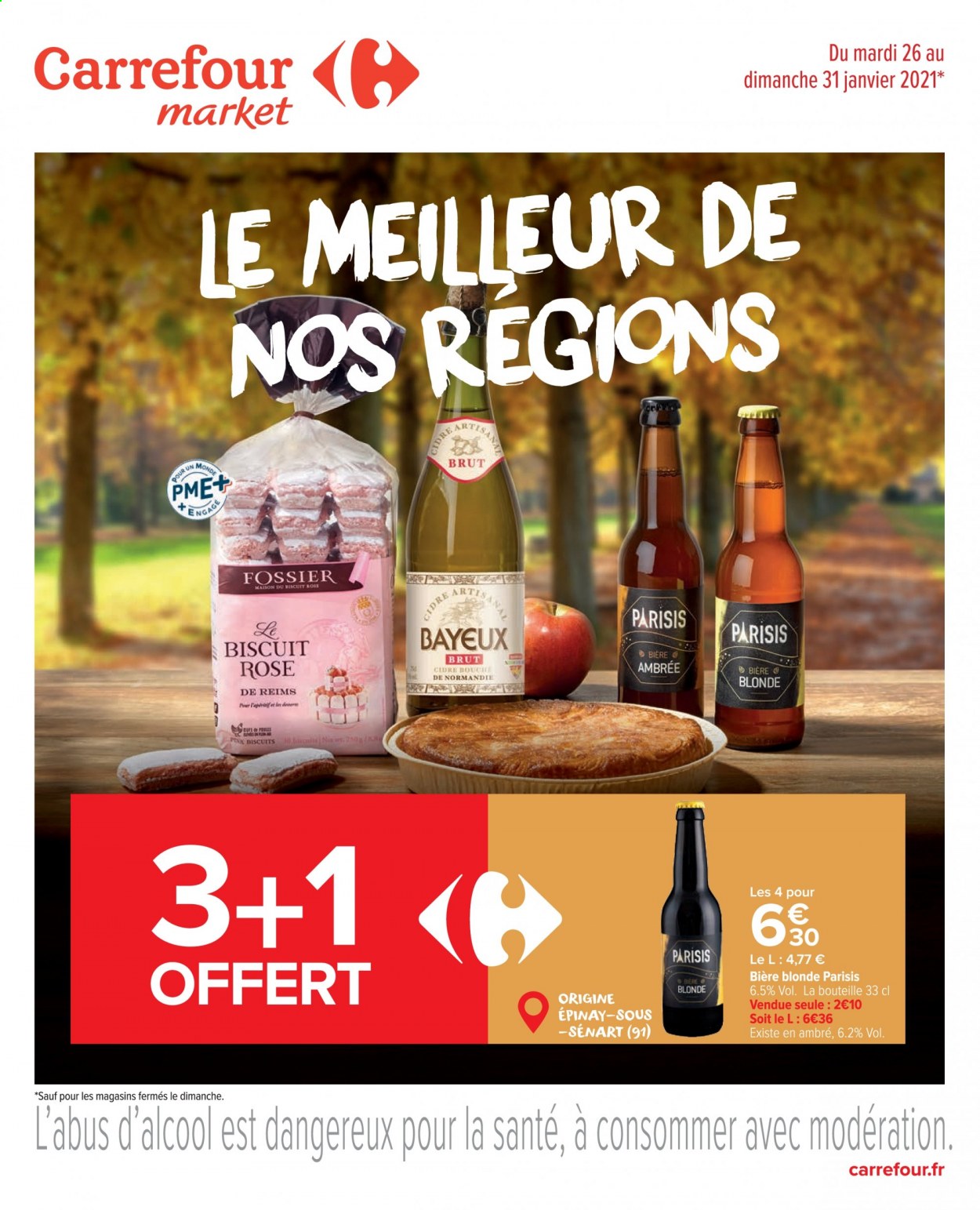 thumbnail - Catalogue Carrefour Market - 26/01/2021 - 31/01/2021 - Produits soldés - bière, bière blonde, biscuits, cidre, maison. Page 1.