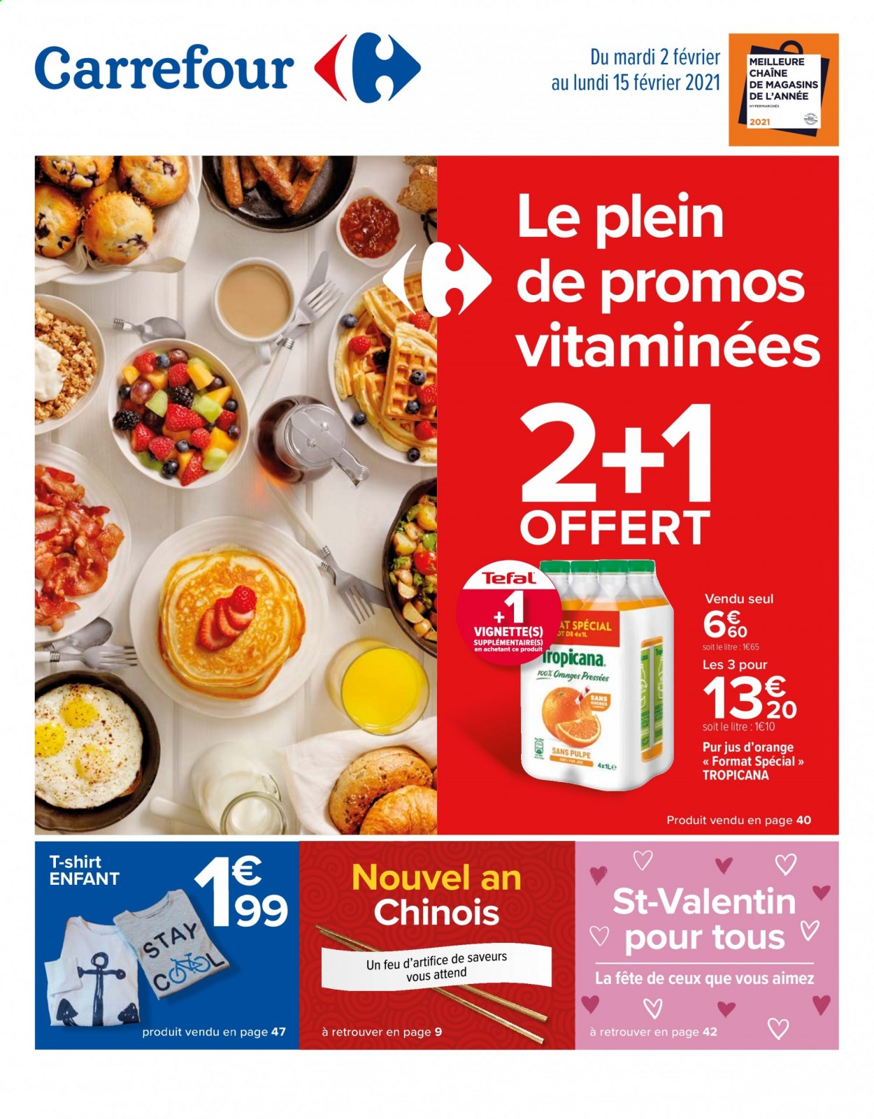 thumbnail - Catalogue Carrefour Hypermarchés - 02/02/2021 - 15/02/2021 - Produits soldés - Tefal, jus, jus d'orange, Tropicana, pur jus, t-shirt. Page 1.