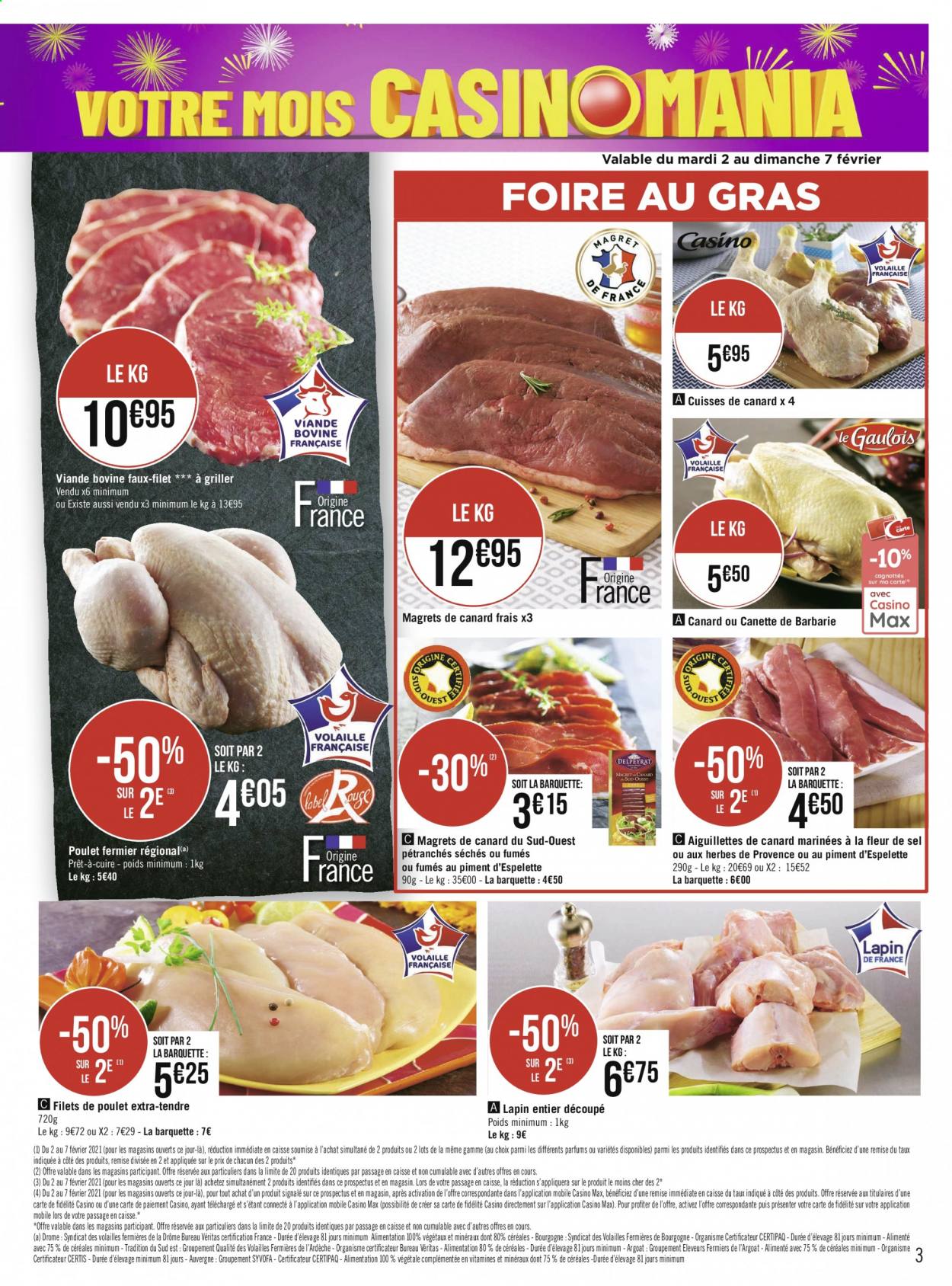 thumbnail - Catalogue Géant Casino - 01/02/2021 - 14/02/2021 - Produits soldés - filet de poulet, cuisse de canard, aiguillettes de canard, viande de poulet, lapin entier, viande de lapin. Page 3.